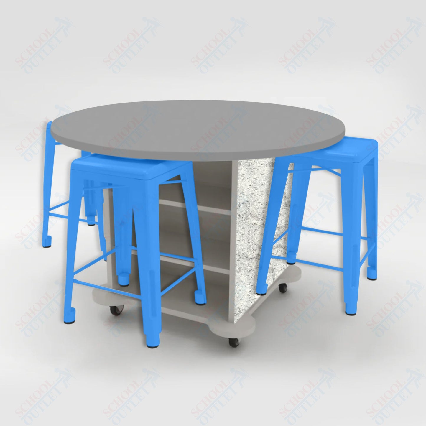 CEF Creation Cube Double-Sided Storage Table - 34"H, High-Pressure Laminate Base and Round Top - 4 Metal Stools Included