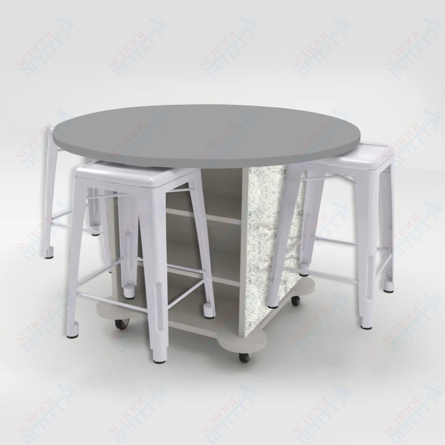 CEF Creation Cube Double-Sided Storage Table - 34"H, High-Pressure Laminate Base and Round Top - 4 Metal Stools Included