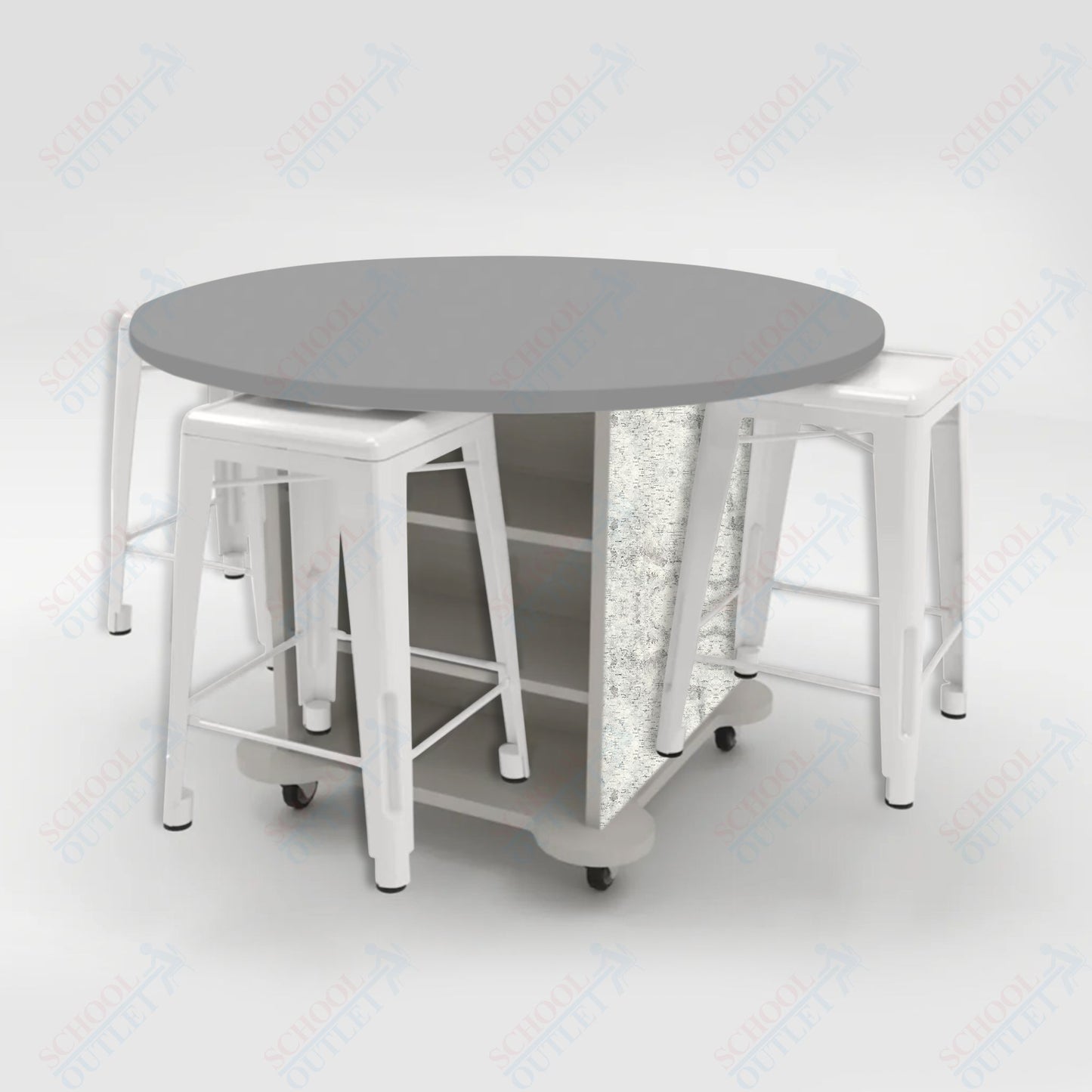 CEF Creation Cube Double-Sided Storage Table - 34"H, High-Pressure Laminate Base and Round Top - 4 Metal Stools Included