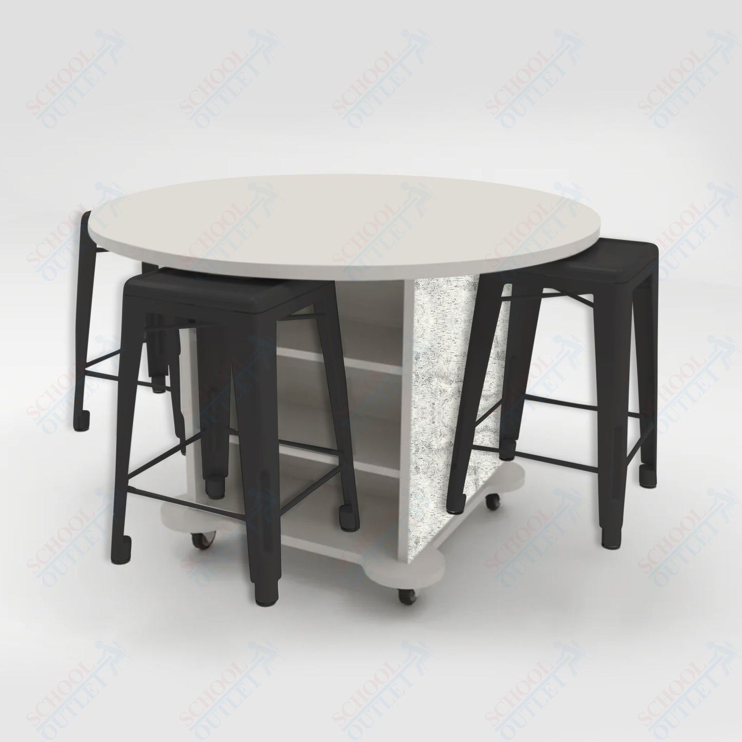 CEF Creation Cube Double-Sided Storage Table - 34"H, High-Pressure Laminate Base and Round Top - 4 Metal Stools Included