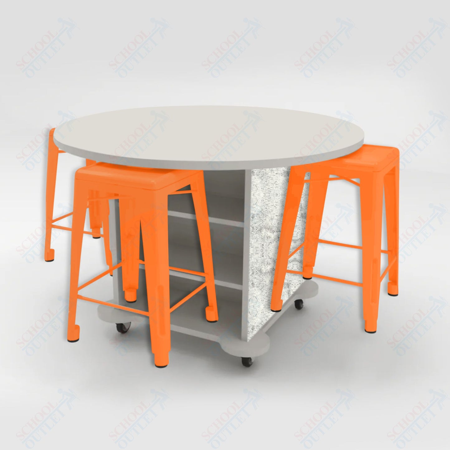 CEF Creation Cube Double-Sided Storage Table - 34"H, High-Pressure Laminate Base and Round Top - 4 Metal Stools Included