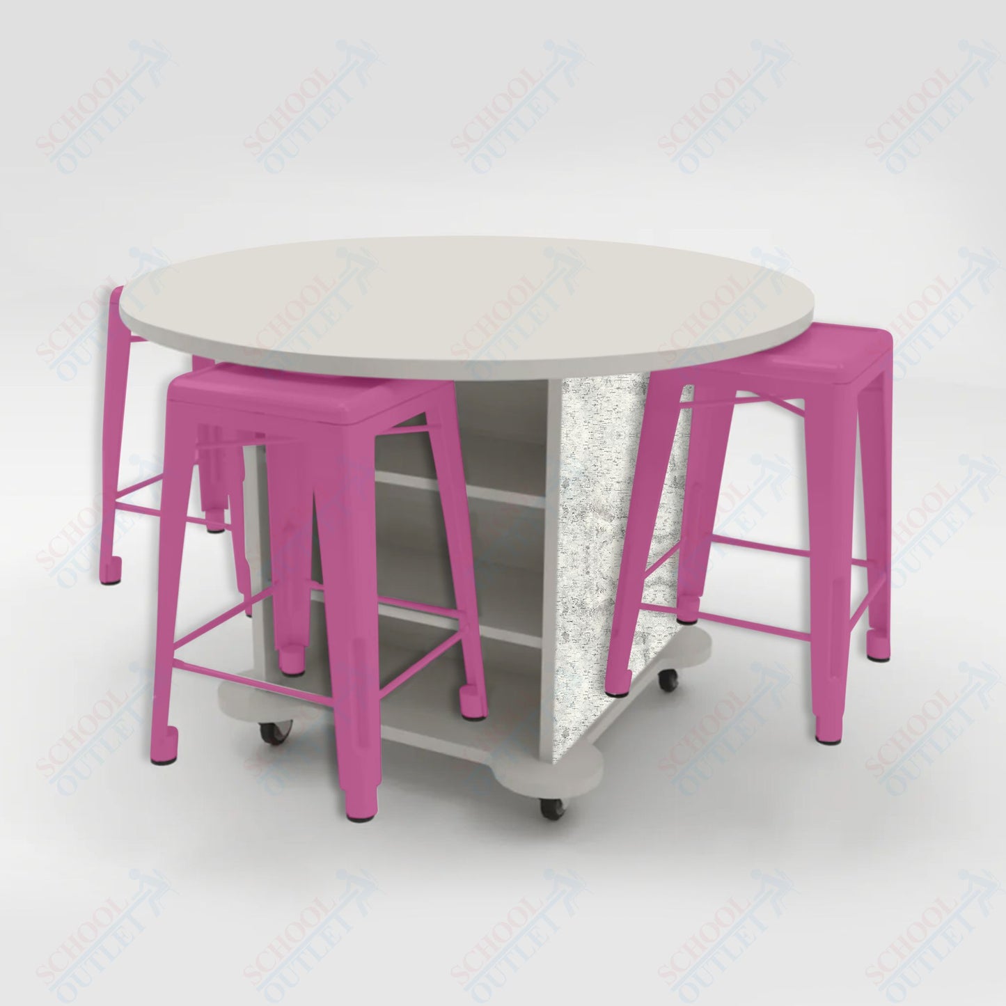 CEF Creation Cube Double-Sided Storage Table - 34"H, High-Pressure Laminate Base and Round Top - 4 Metal Stools Included