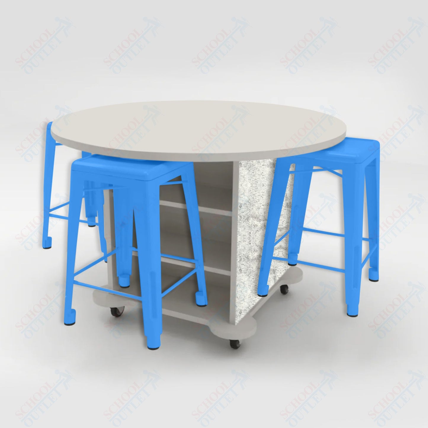 CEF Creation Cube Double-Sided Storage Table - 34"H, High-Pressure Laminate Base and Round Top - 4 Metal Stools Included