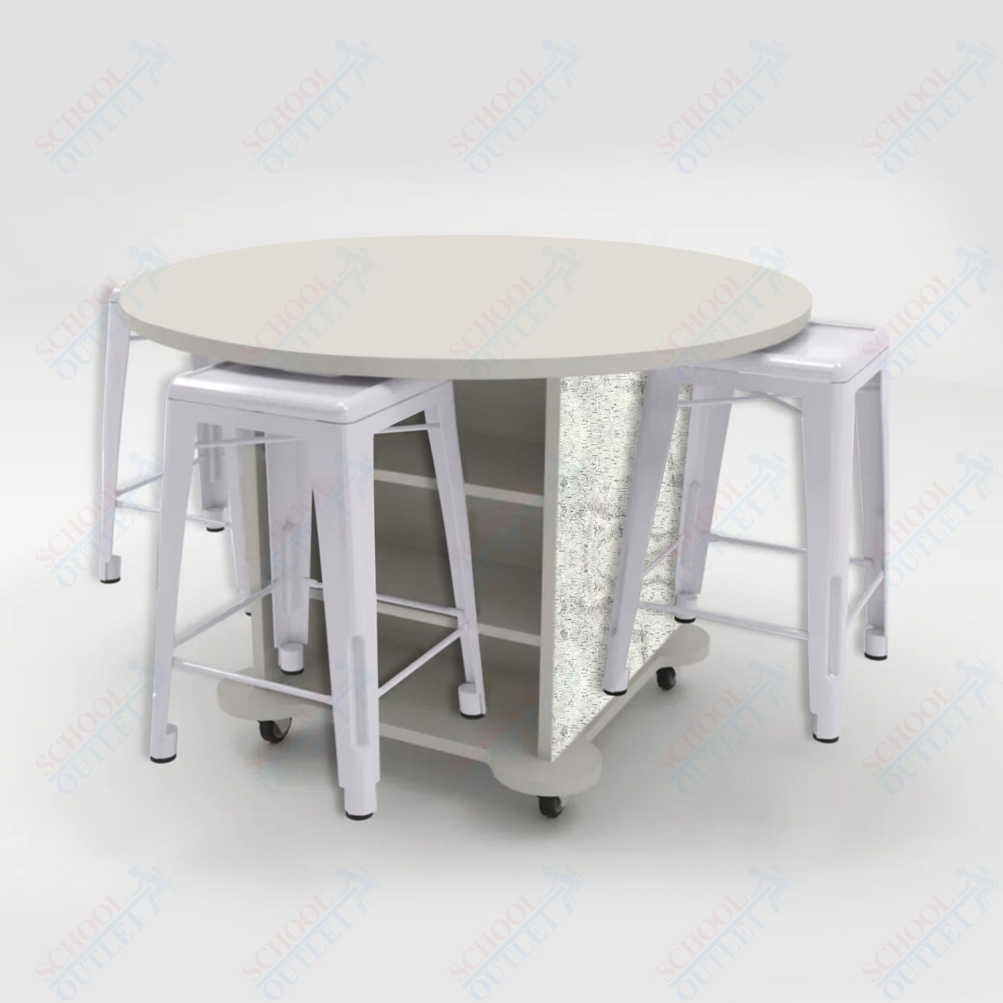 CEF Creation Cube Double-Sided Storage Table - 34"H, High-Pressure Laminate Base and Round Top - 4 Metal Stools Included