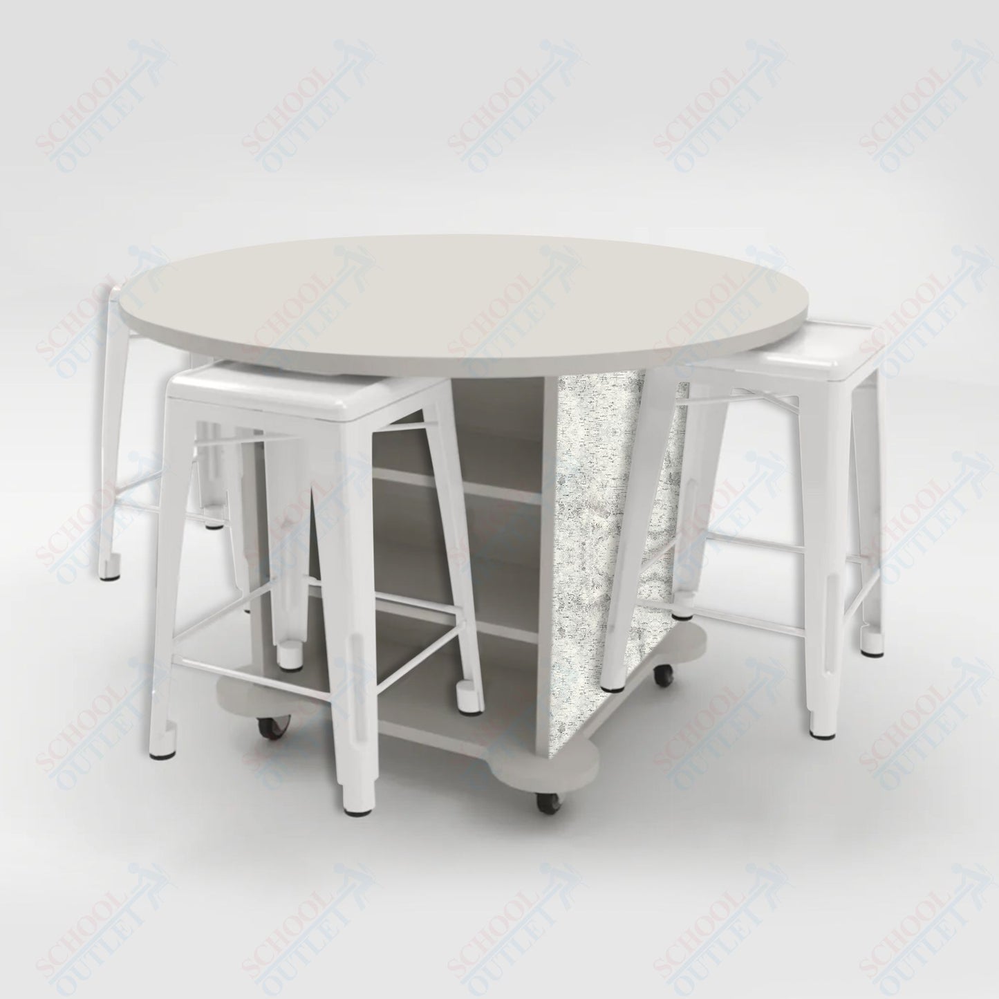 CEF Creation Cube Double-Sided Storage Table - 34"H, High-Pressure Laminate Base and Round Top - 4 Metal Stools Included