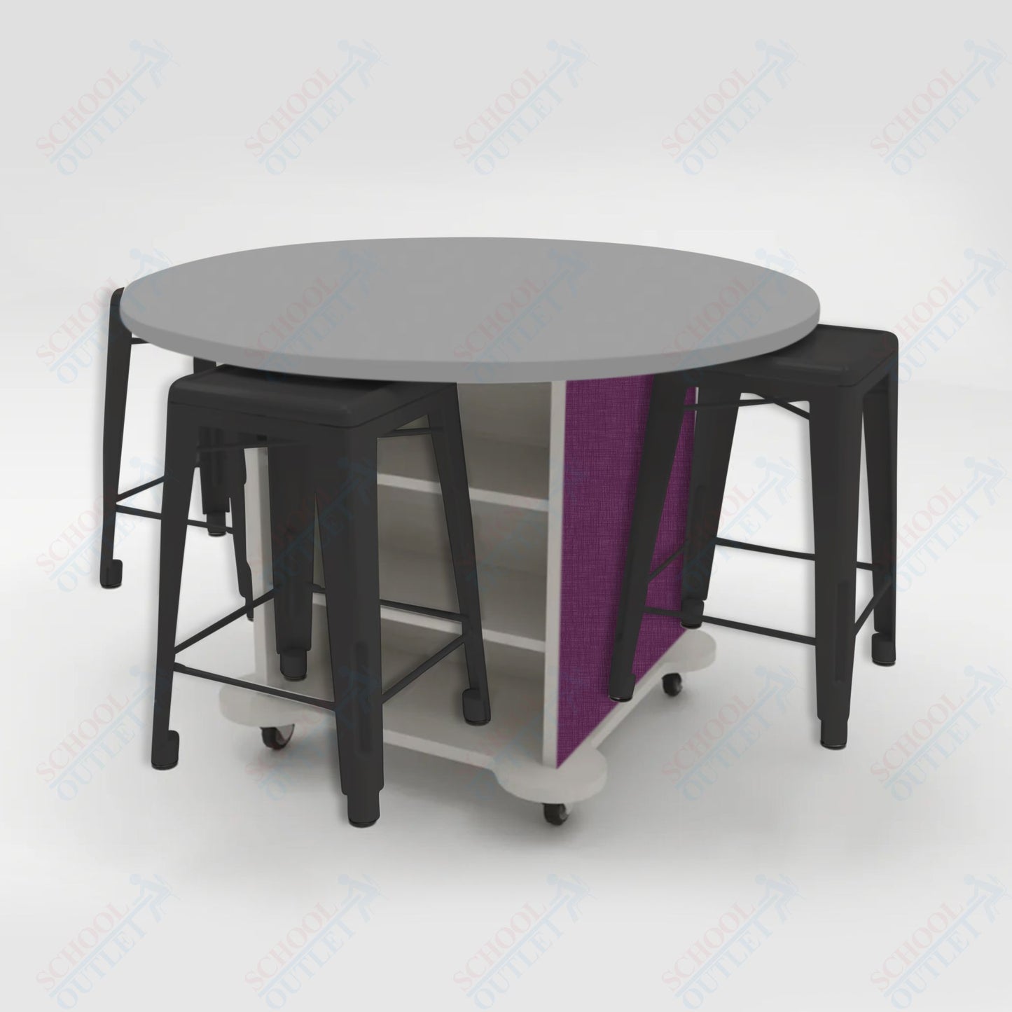 CEF Creation Cube Double-Sided Storage Table - 34"H, High-Pressure Laminate Base and Round Top - 4 Metal Stools Included