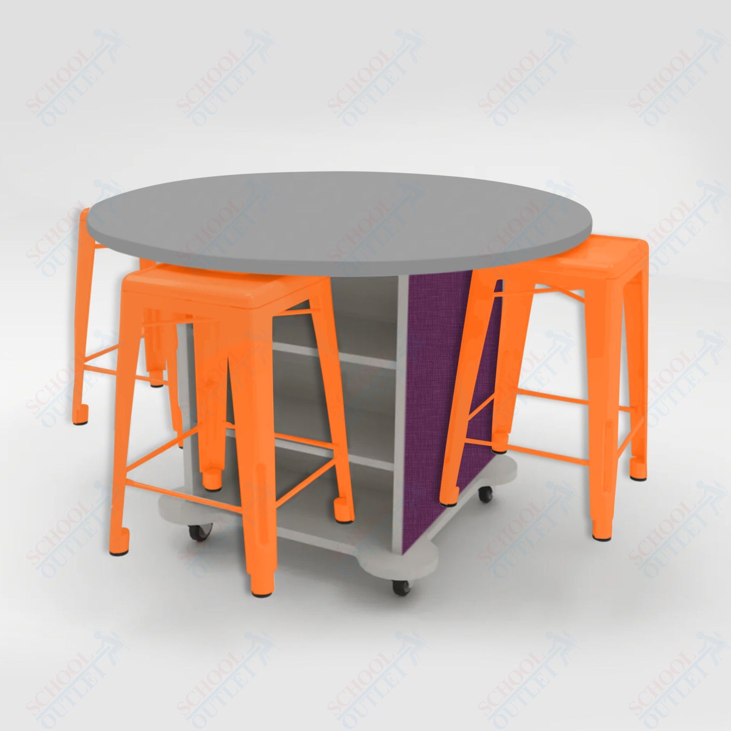 CEF Creation Cube Double-Sided Storage Table - 34"H, High-Pressure Laminate Base and Round Top - 4 Metal Stools Included