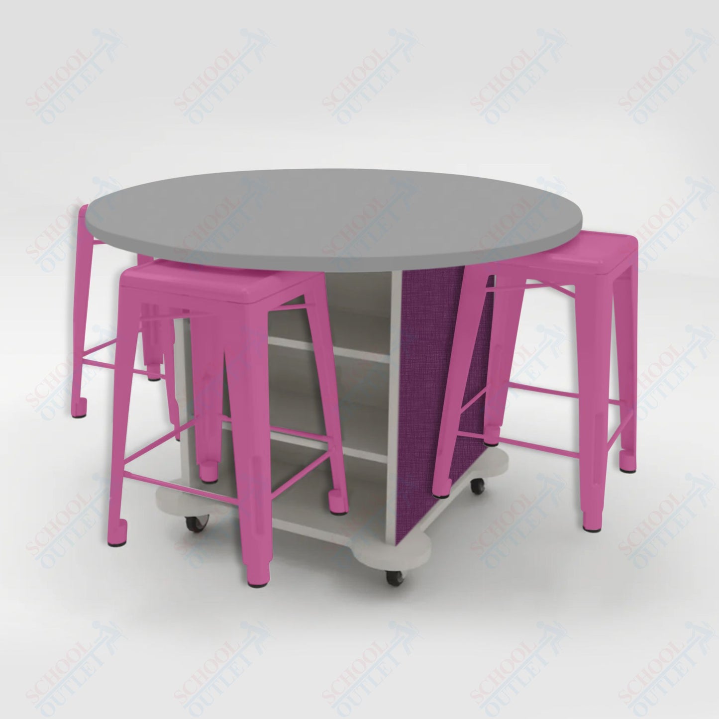 CEF Creation Cube Double-Sided Storage Table - 34"H, High-Pressure Laminate Base and Round Top - 4 Metal Stools Included