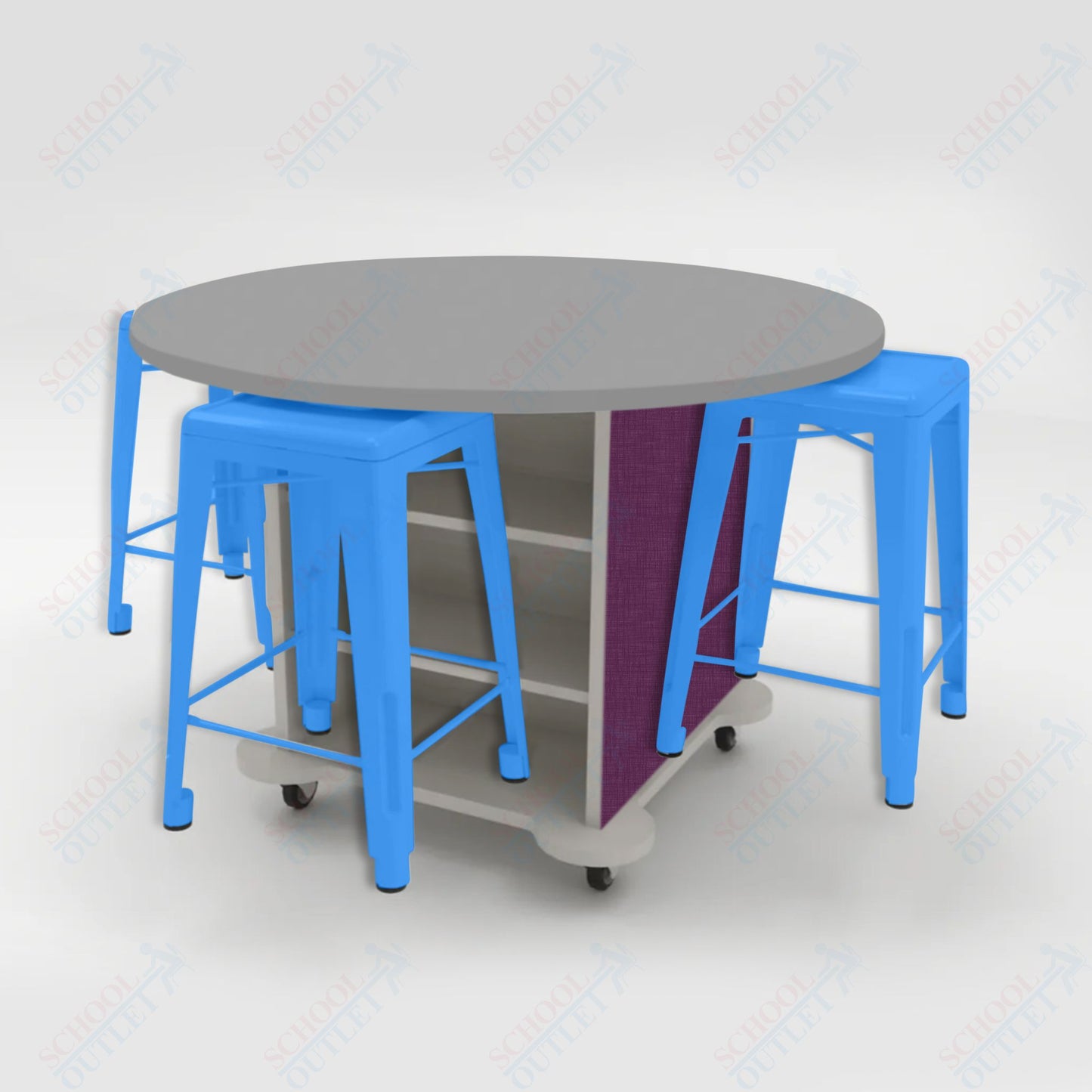 CEF Creation Cube Double-Sided Storage Table - 34"H, High-Pressure Laminate Base and Round Top - 4 Metal Stools Included