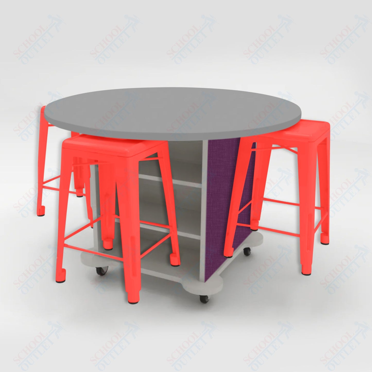 CEF Creation Cube Double-Sided Storage Table - 34"H, High-Pressure Laminate Base and Round Top - 4 Metal Stools Included