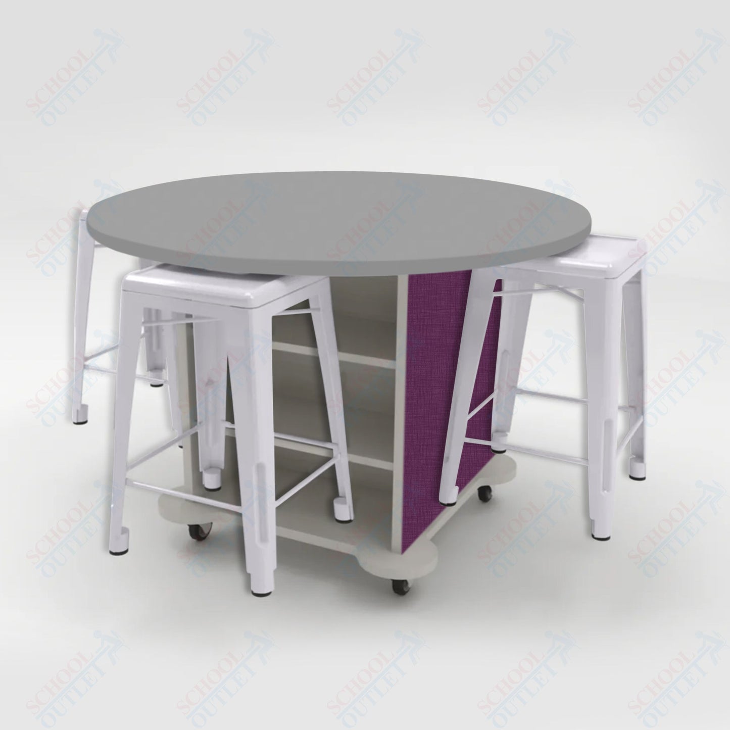 CEF Creation Cube Double-Sided Storage Table - 34"H, High-Pressure Laminate Base and Round Top - 4 Metal Stools Included