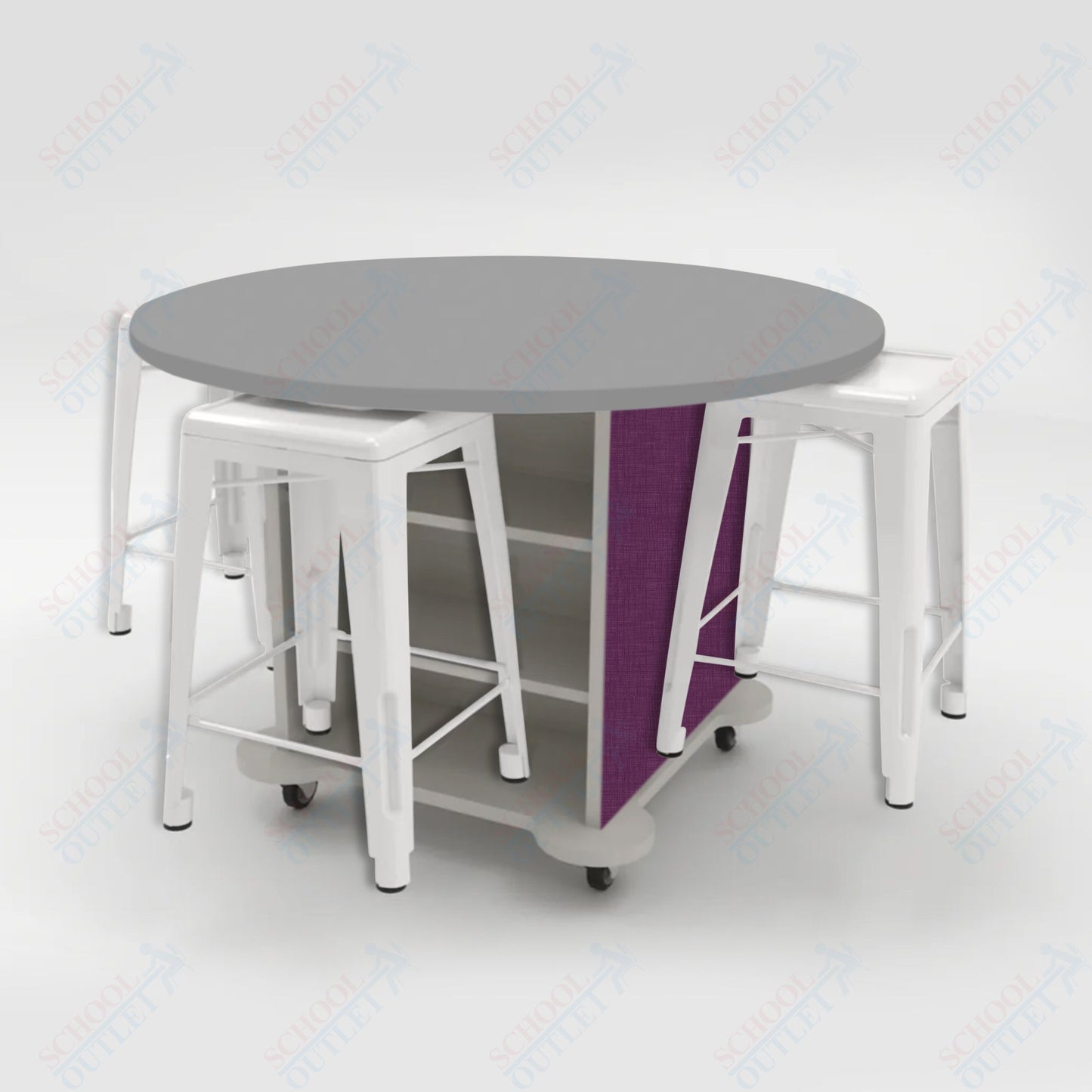 CEF Creation Cube Double-Sided Storage Table - 34"H, High-Pressure Laminate Base and Round Top - 4 Metal Stools Included