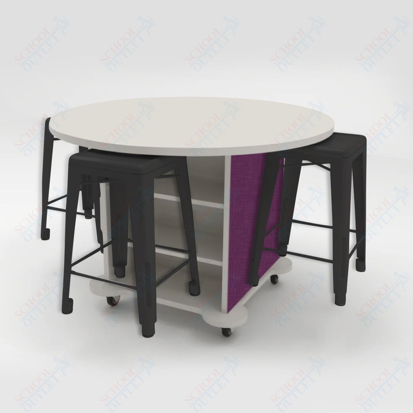 CEF Creation Cube Double-Sided Storage Table - 34"H, High-Pressure Laminate Base and Round Top - 4 Metal Stools Included