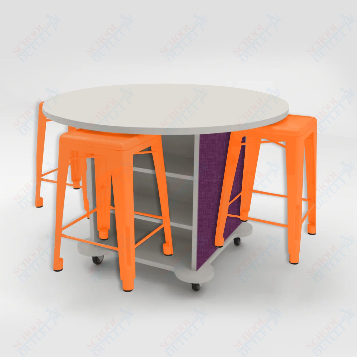 CEF Creation Cube Double-Sided Storage Table - 34"H, High-Pressure Laminate Base and Round Top - 4 Metal Stools Included