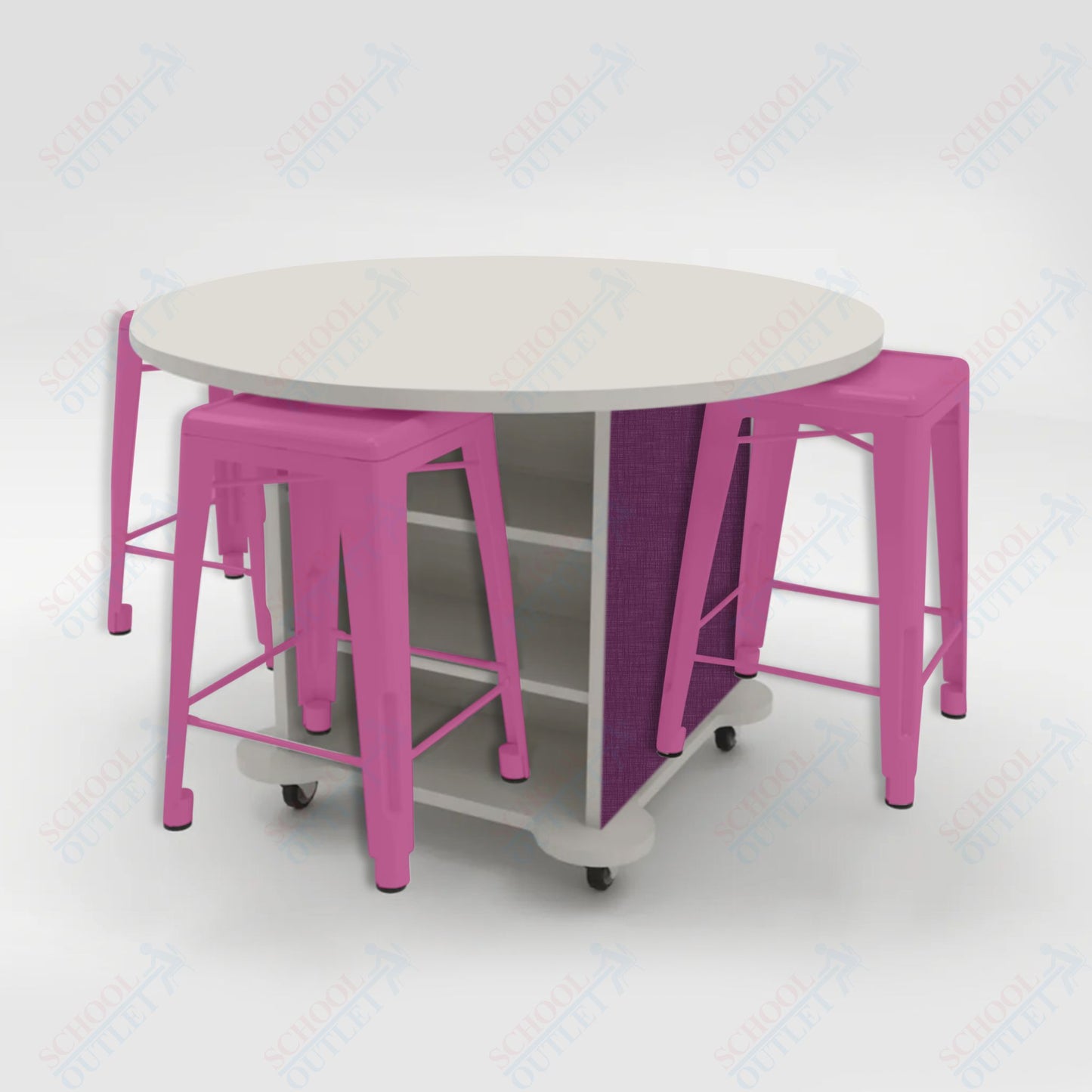 CEF Creation Cube Double-Sided Storage Table - 34"H, High-Pressure Laminate Base and Round Top - 4 Metal Stools Included