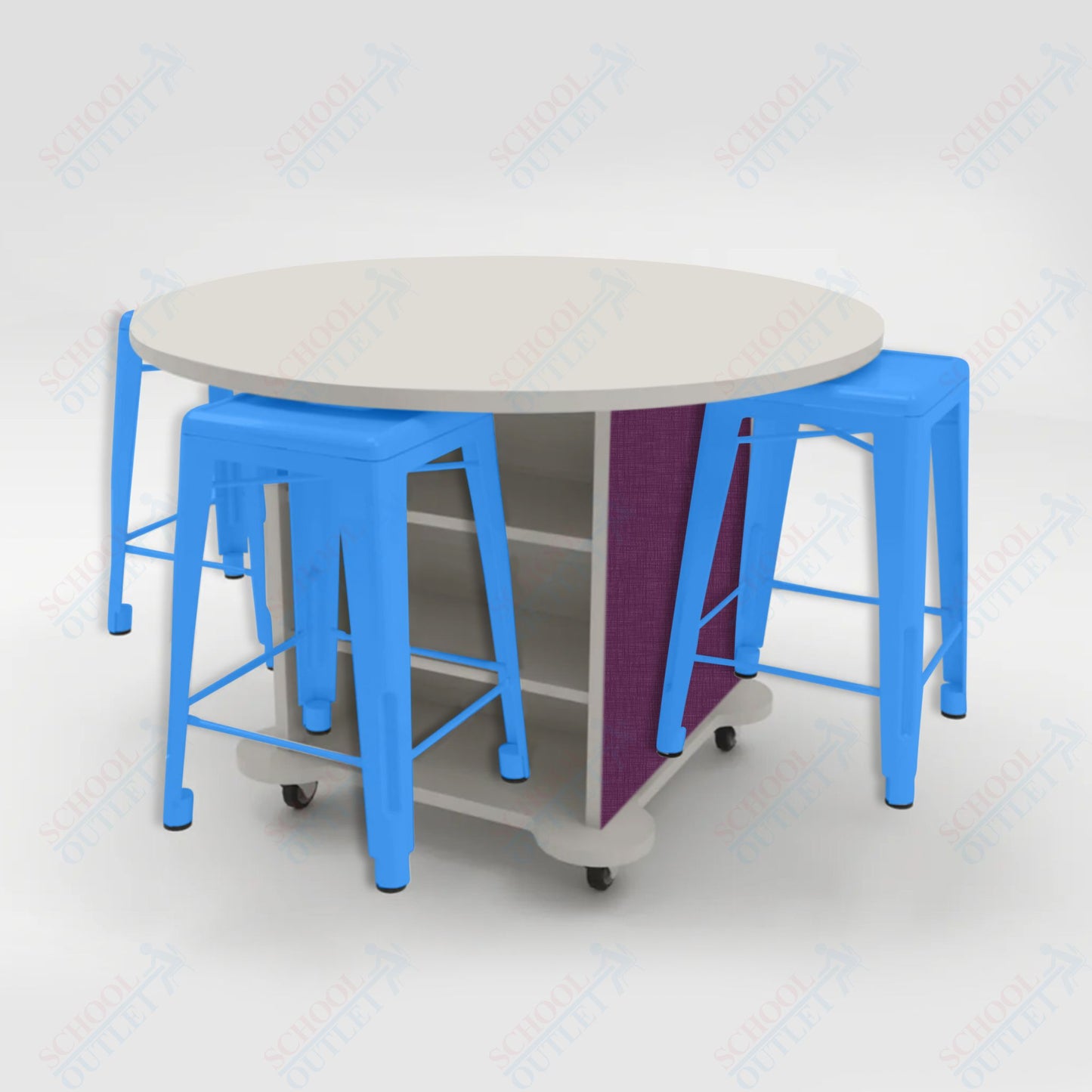 CEF Creation Cube Double-Sided Storage Table - 34"H, High-Pressure Laminate Base and Round Top - 4 Metal Stools Included