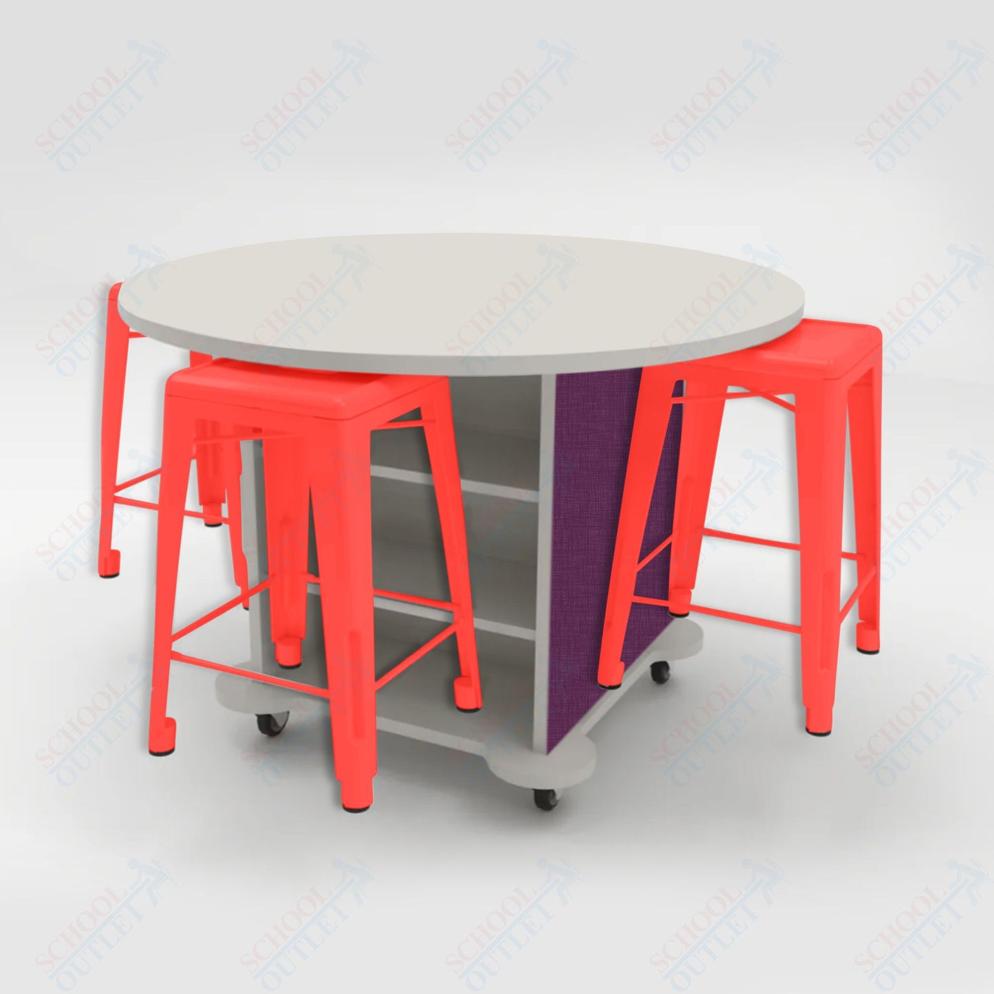 CEF Creation Cube Double-Sided Storage Table - 34"H, High-Pressure Laminate Base and Round Top - 4 Metal Stools Included