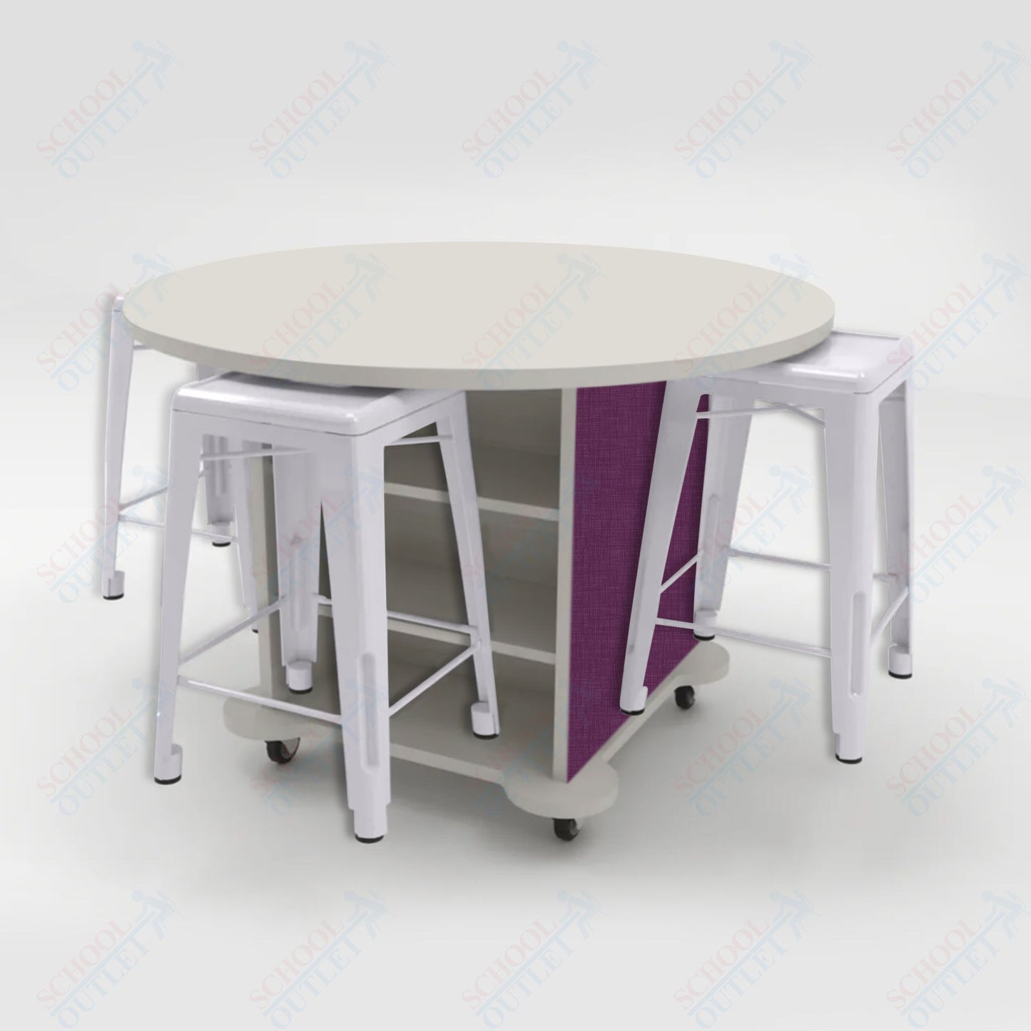 CEF Creation Cube Double-Sided Storage Table - 34"H, High-Pressure Laminate Base and Round Top - 4 Metal Stools Included