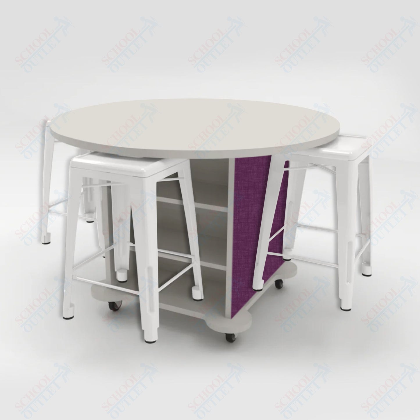 CEF Creation Cube Double-Sided Storage Table - 34"H, High-Pressure Laminate Base and Round Top - 4 Metal Stools Included