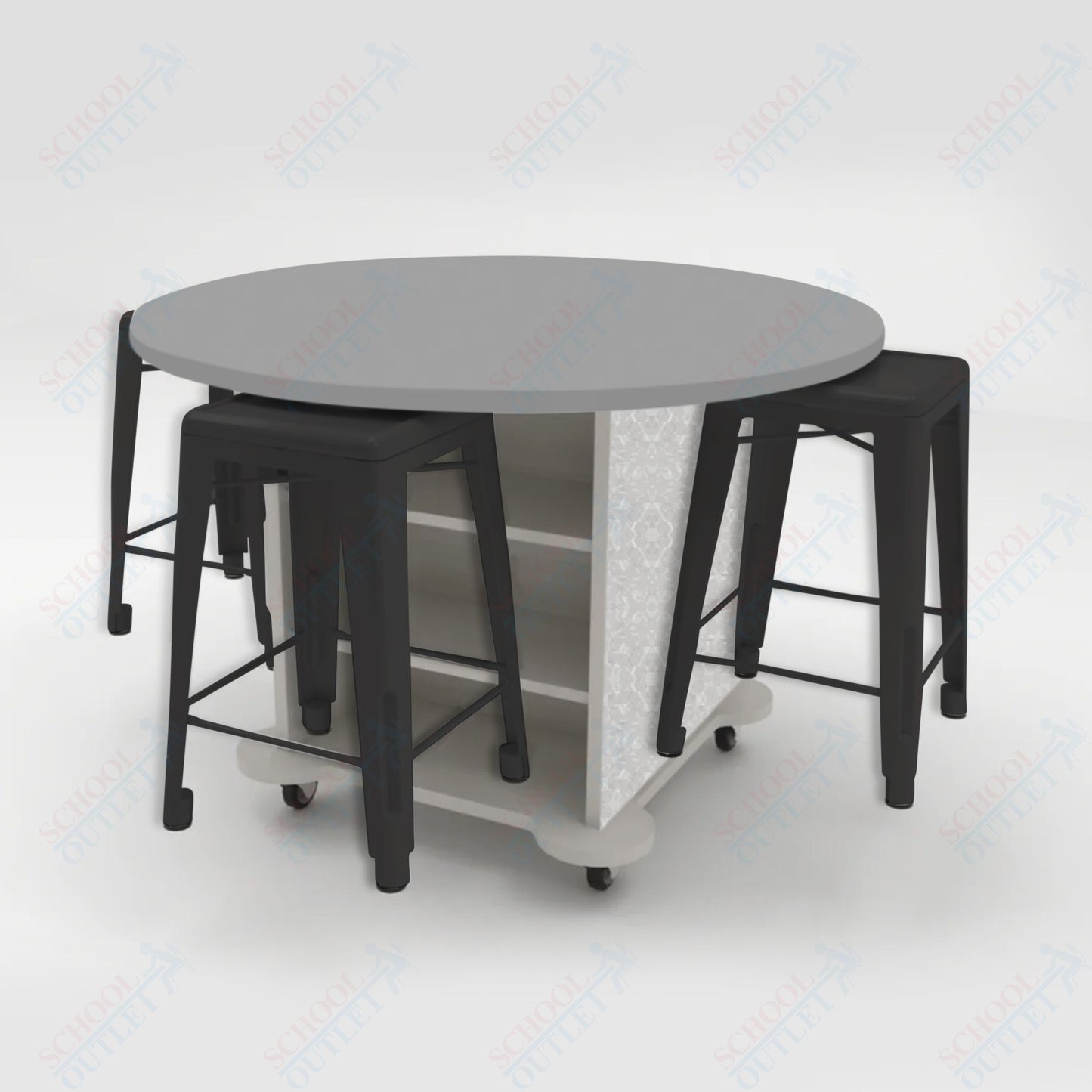 CEF Creation Cube Double-Sided Storage Table - 34"H, High-Pressure Laminate Base and Round Top - 4 Metal Stools Included