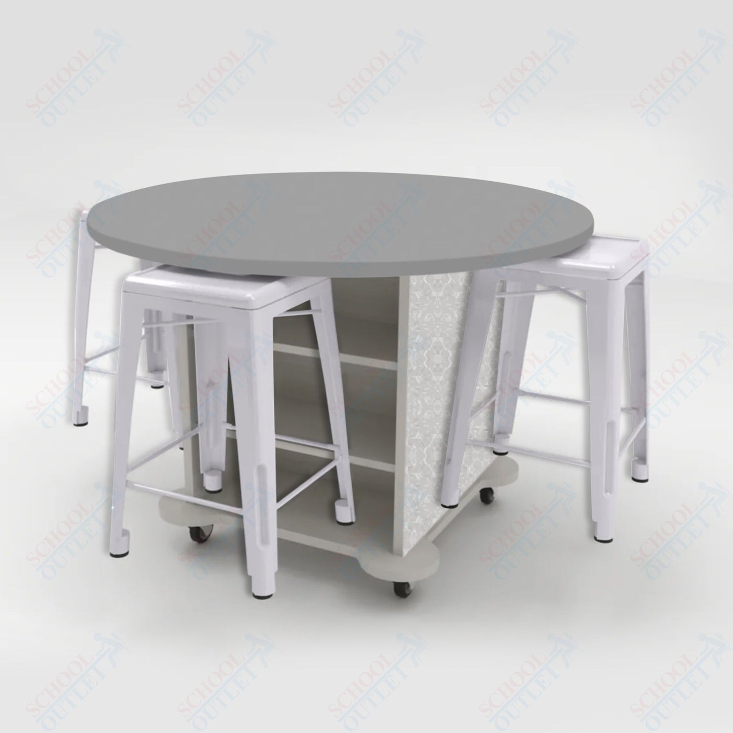 CEF Creation Cube Double-Sided Storage Table - 34"H, High-Pressure Laminate Base and Round Top - 4 Metal Stools Included