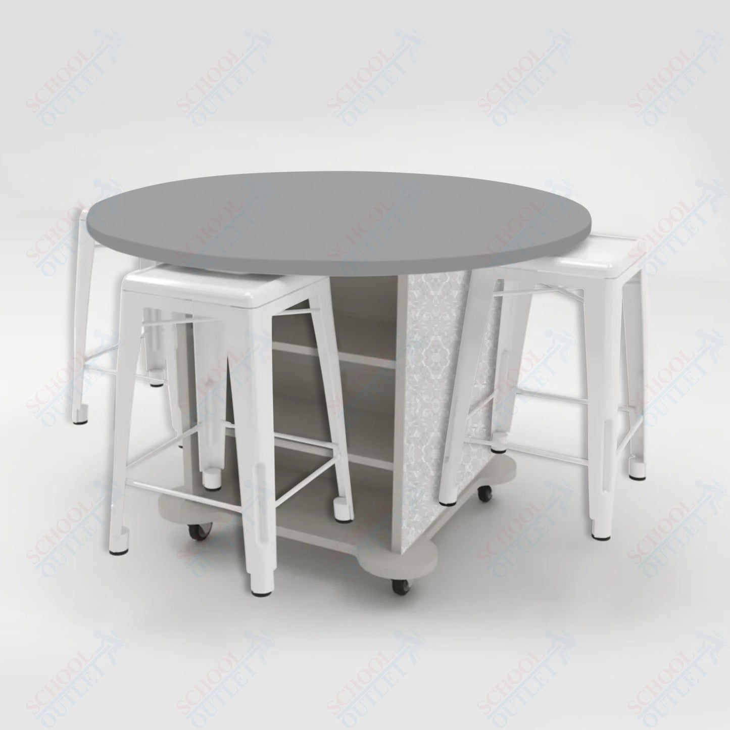 CEF Creation Cube Double-Sided Storage Table - 34"H, High-Pressure Laminate Base and Round Top - 4 Metal Stools Included