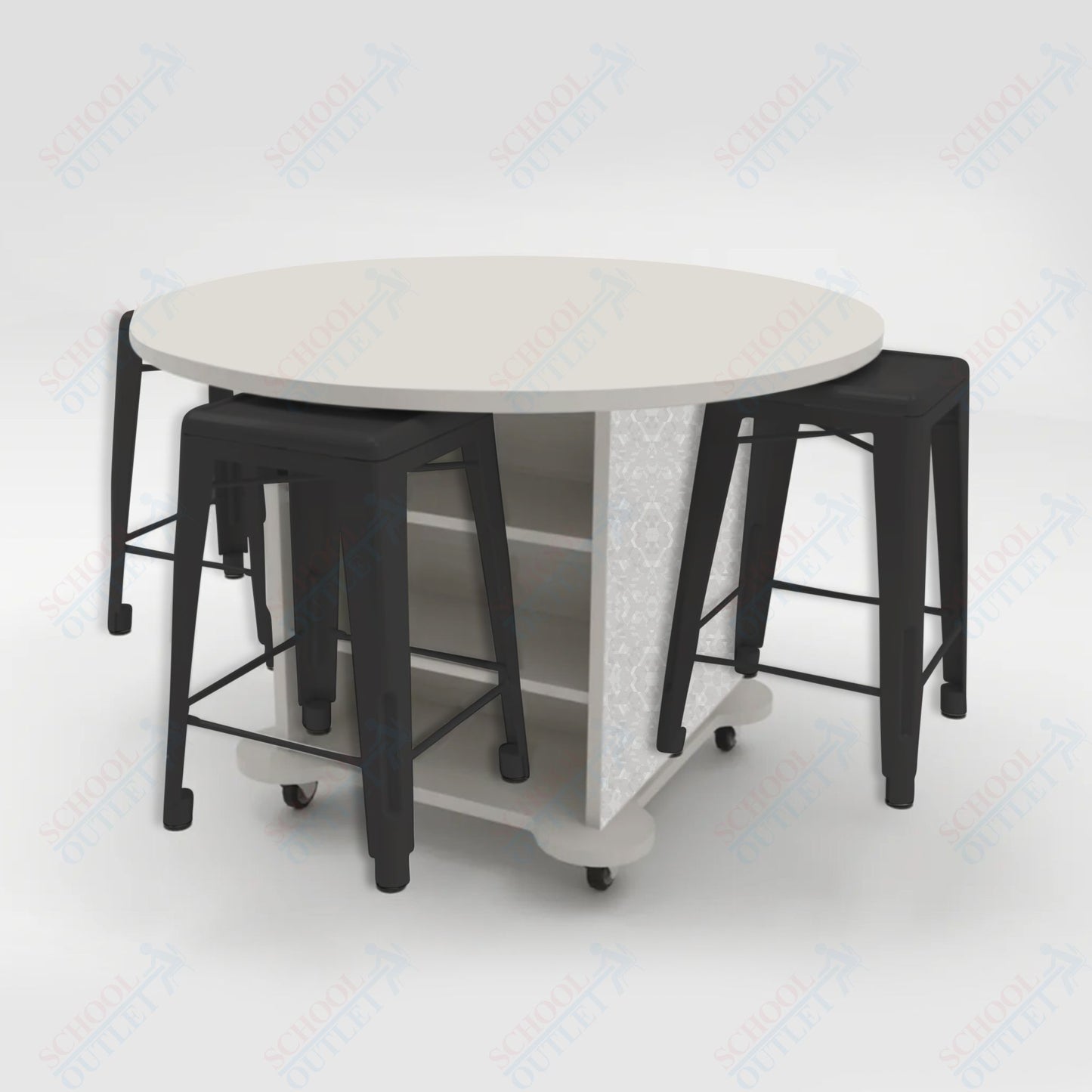 CEF Creation Cube Double-Sided Storage Table - 34"H, High-Pressure Laminate Base and Round Top - 4 Metal Stools Included