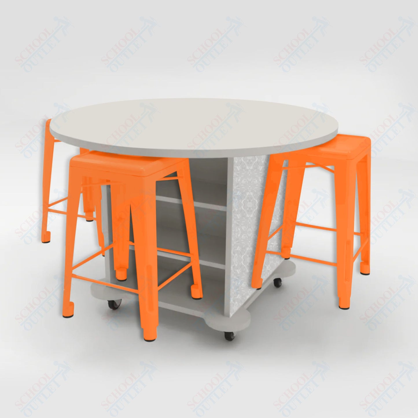 CEF Creation Cube Double-Sided Storage Table - 34"H, High-Pressure Laminate Base and Round Top - 4 Metal Stools Included