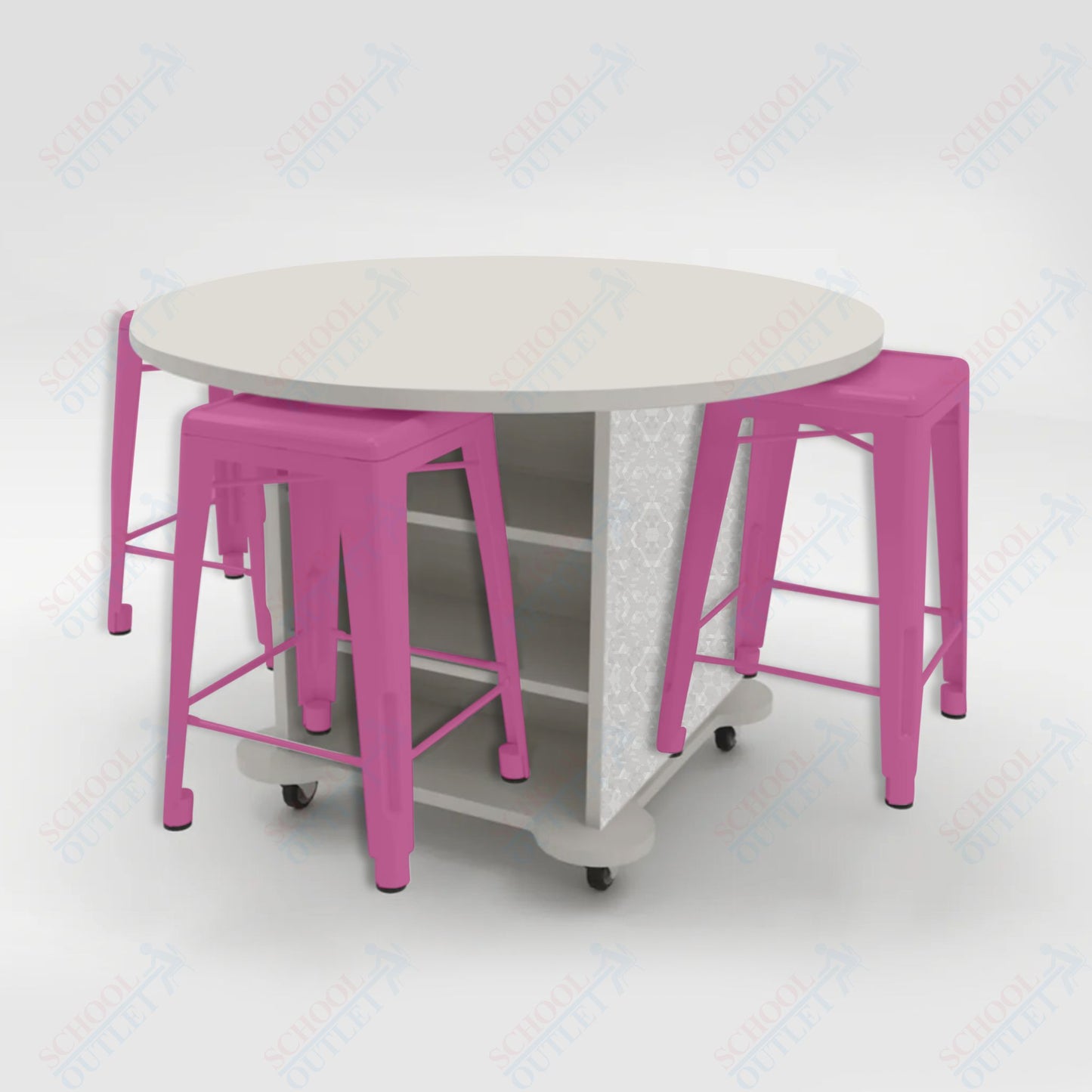 CEF Creation Cube Double-Sided Storage Table - 34"H, High-Pressure Laminate Base and Round Top - 4 Metal Stools Included