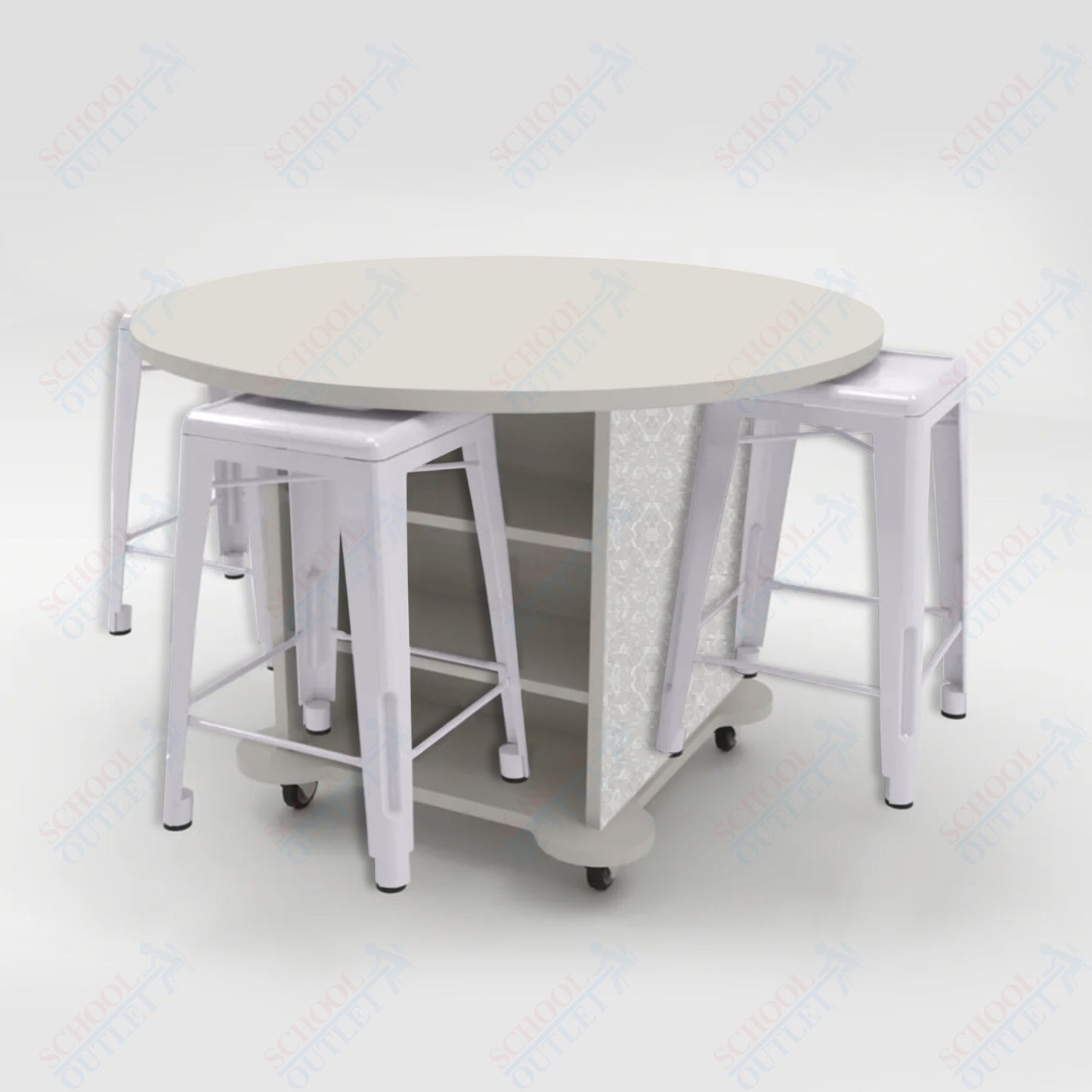 CEF Creation Cube Double-Sided Storage Table - 34"H, High-Pressure Laminate Base and Round Top - 4 Metal Stools Included