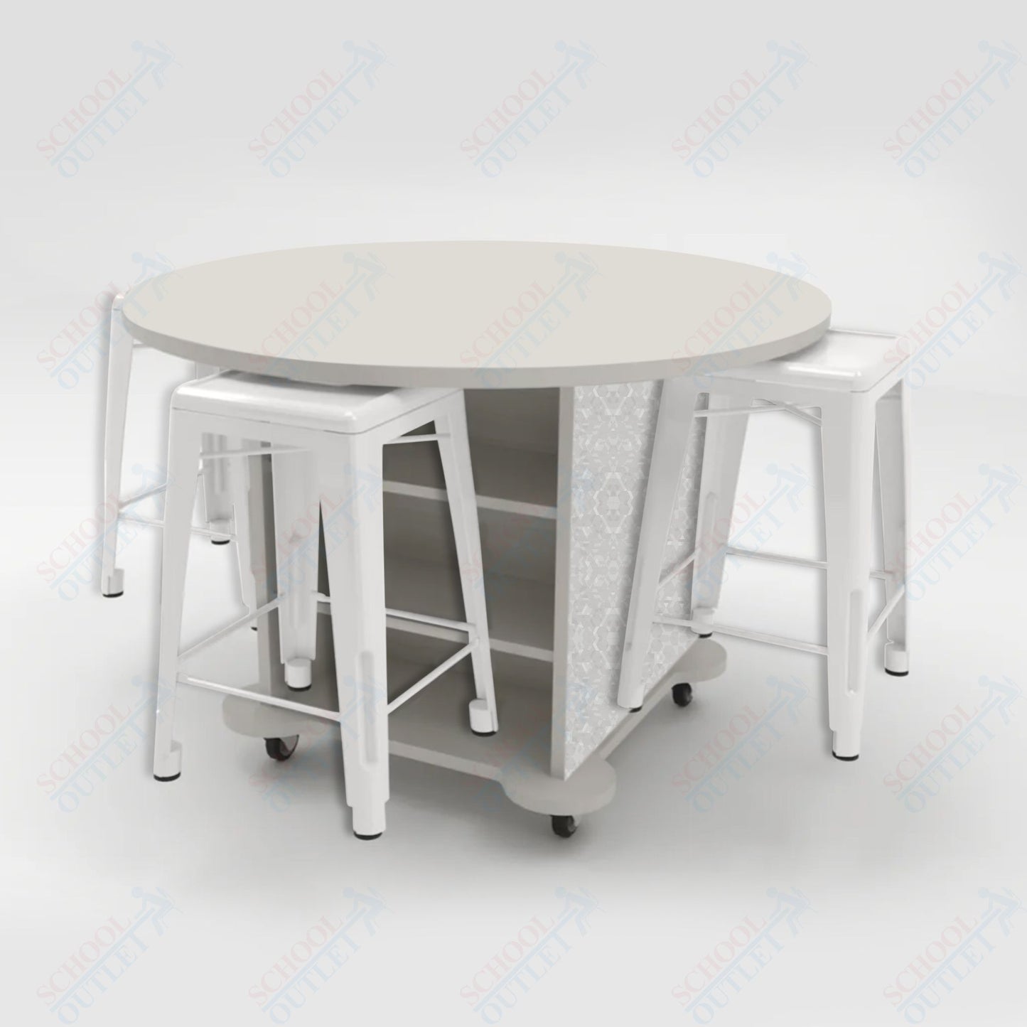 CEF Creation Cube Double-Sided Storage Table - 34"H, High-Pressure Laminate Base and Round Top - 4 Metal Stools Included