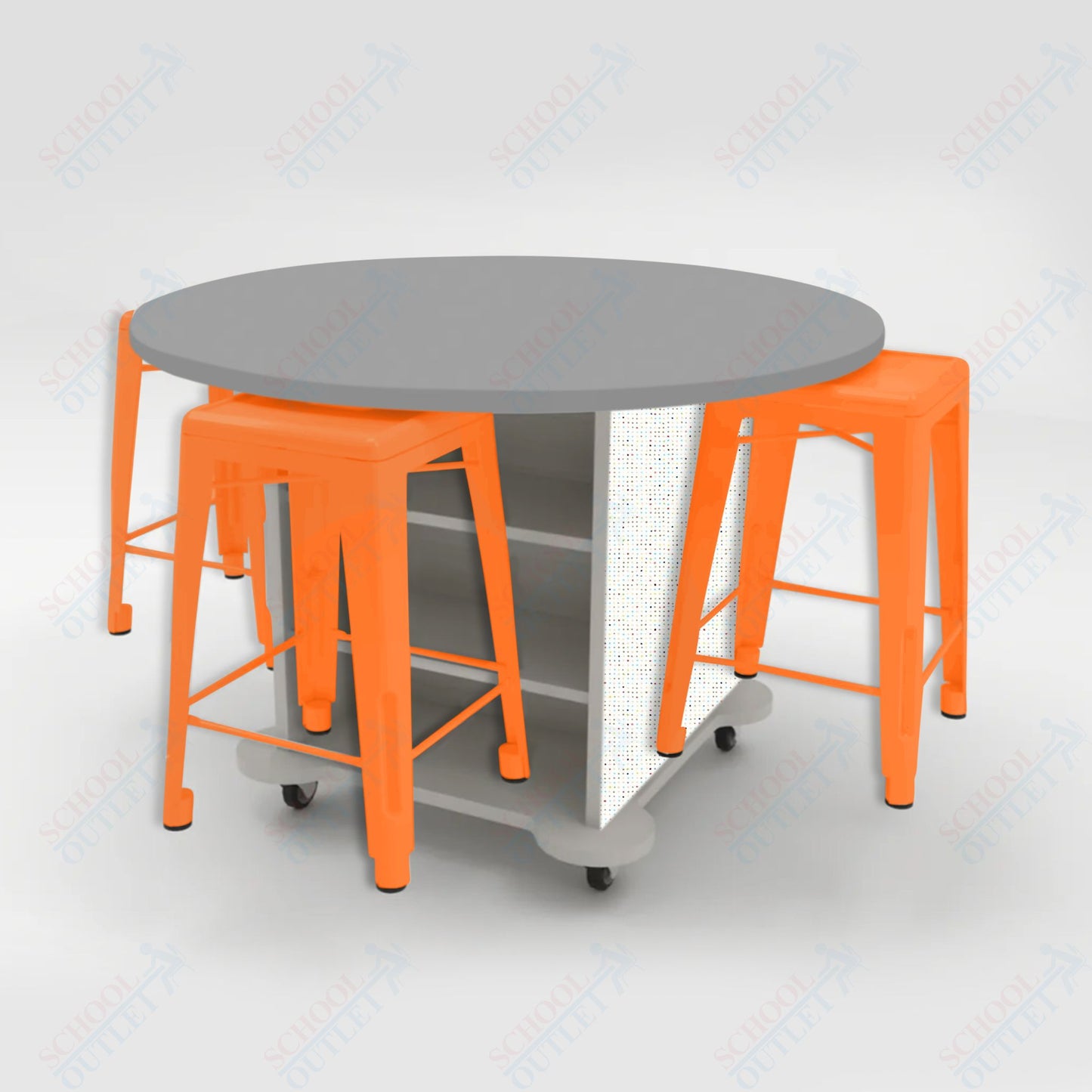 CEF Creation Cube Double-Sided Storage Table - 34"H, High-Pressure Laminate Base and Round Top - 4 Metal Stools Included