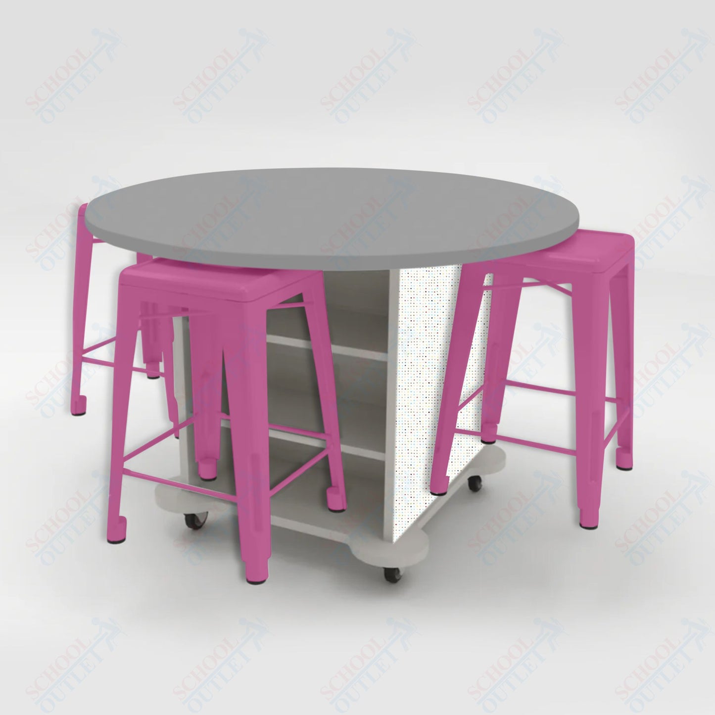 CEF Creation Cube Double-Sided Storage Table - 34"H, High-Pressure Laminate Base and Round Top - 4 Metal Stools Included