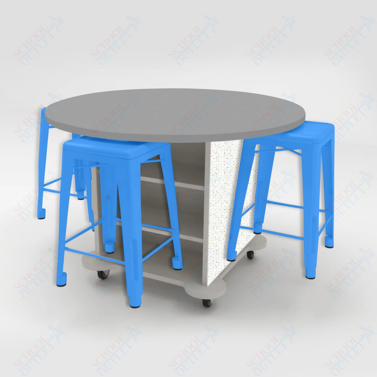 CEF Creation Cube Double-Sided Storage Table - 34"H, High-Pressure Laminate Base and Round Top - 4 Metal Stools Included