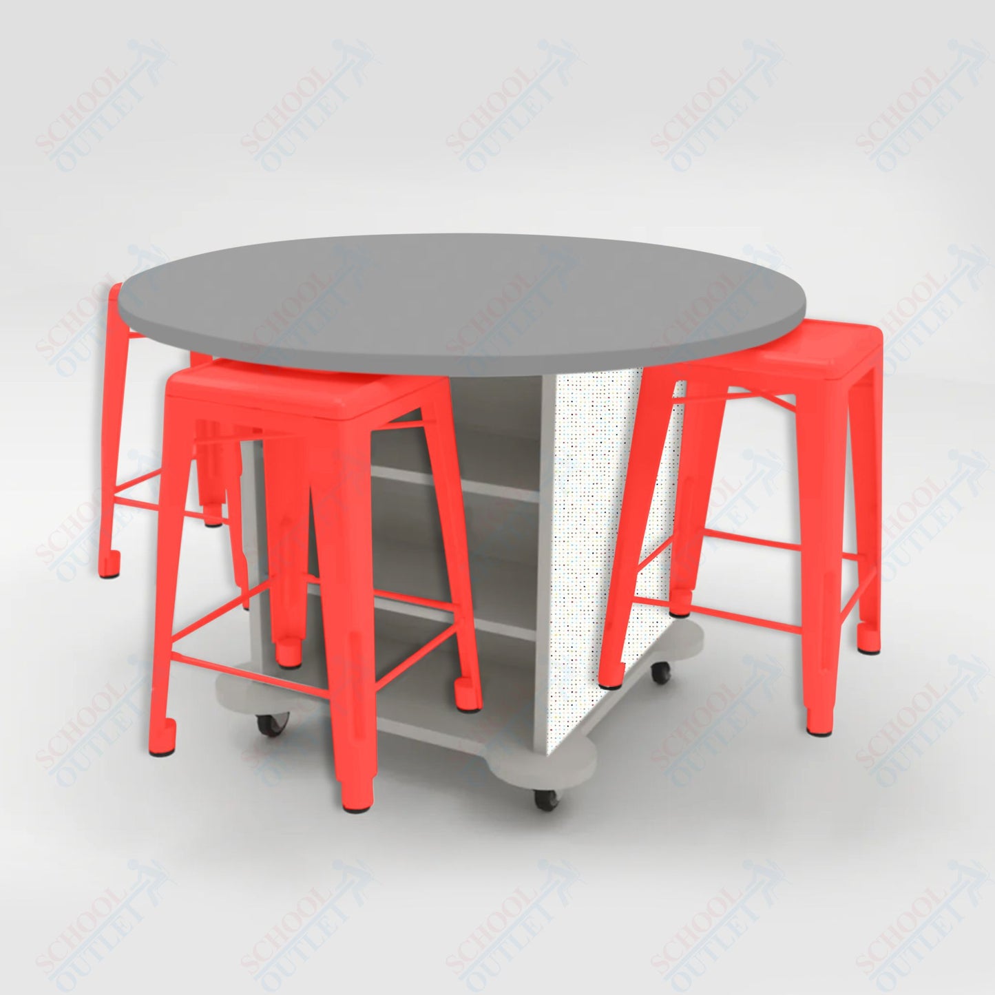 CEF Creation Cube Double-Sided Storage Table - 34"H, High-Pressure Laminate Base and Round Top - 4 Metal Stools Included