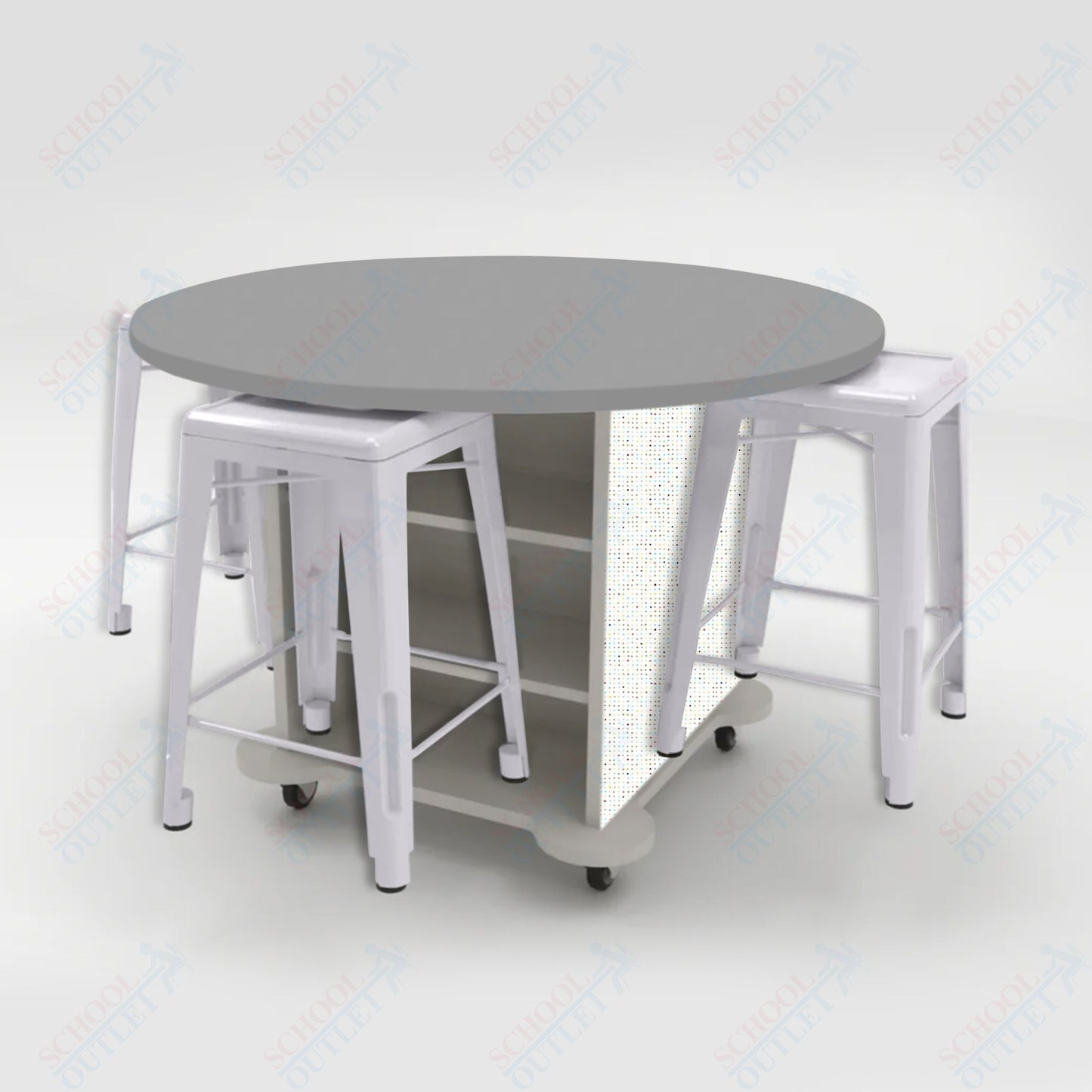 CEF Creation Cube Double-Sided Storage Table - 34"H, High-Pressure Laminate Base and Round Top - 4 Metal Stools Included