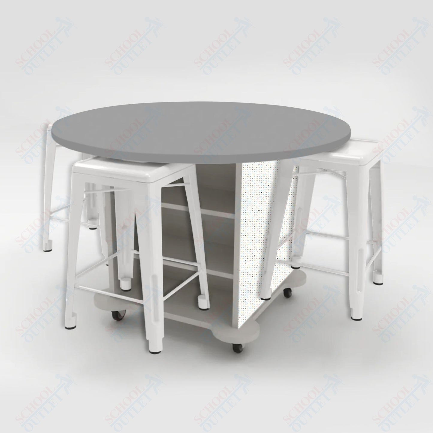 CEF Creation Cube Double-Sided Storage Table - 34"H, High-Pressure Laminate Base and Round Top - 4 Metal Stools Included