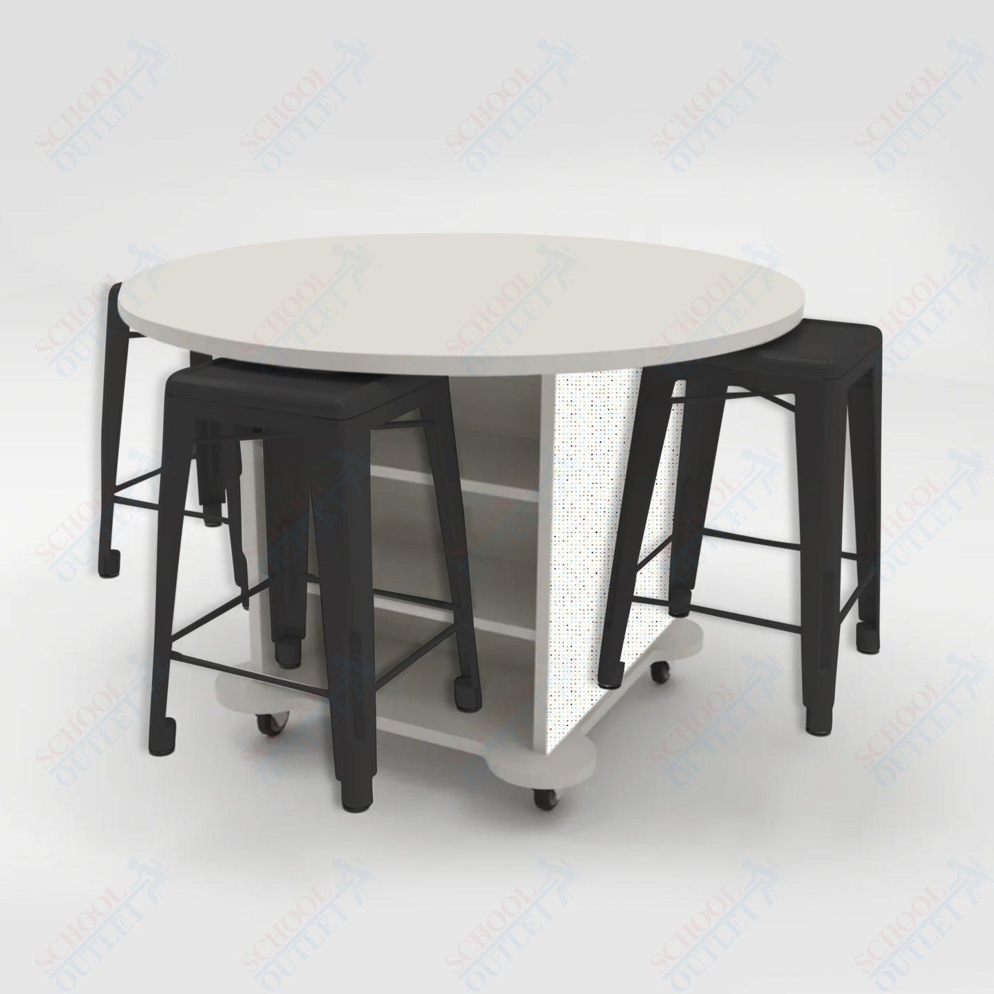 CEF Creation Cube Double-Sided Storage Table - 34"H, High-Pressure Laminate Base and Round Top - 4 Metal Stools Included