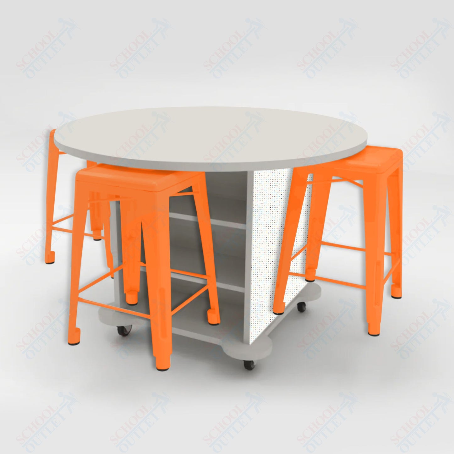 CEF Creation Cube Double-Sided Storage Table - 34"H, High-Pressure Laminate Base and Round Top - 4 Metal Stools Included