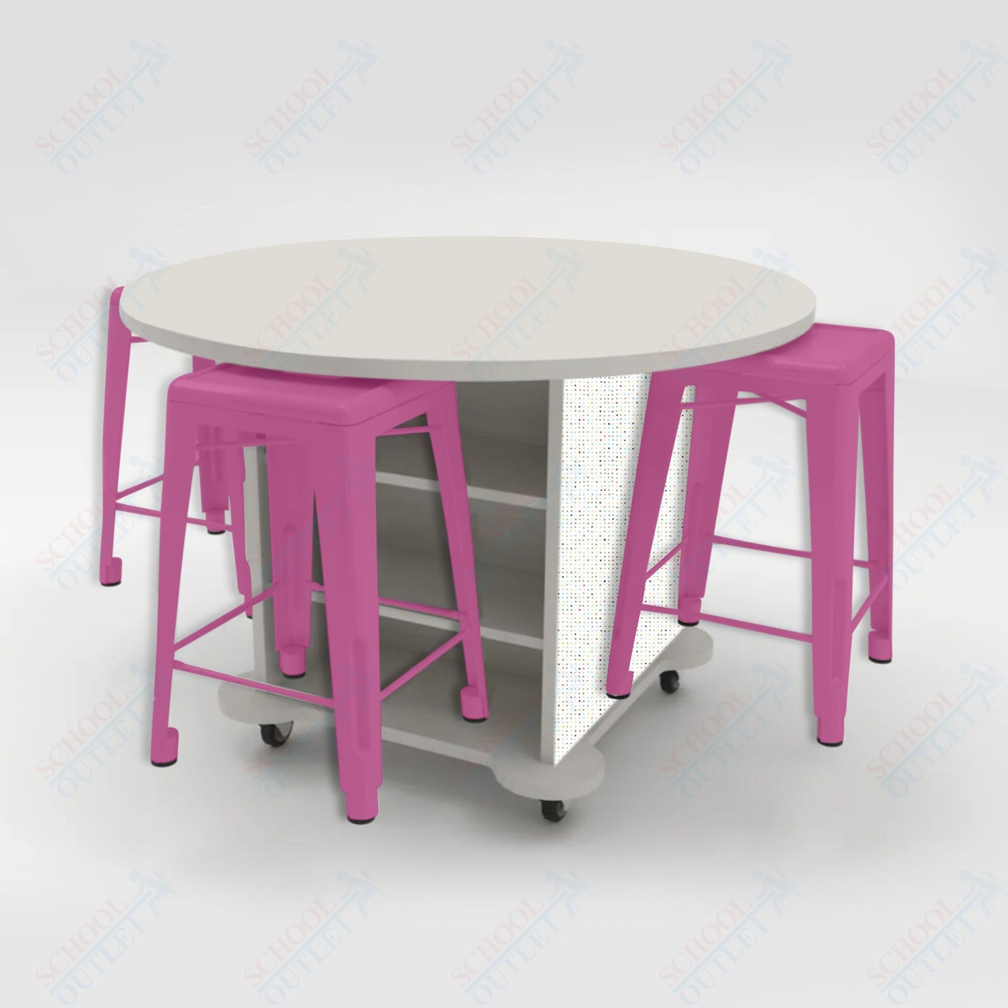 CEF Creation Cube Double-Sided Storage Table - 34"H, High-Pressure Laminate Base and Round Top - 4 Metal Stools Included