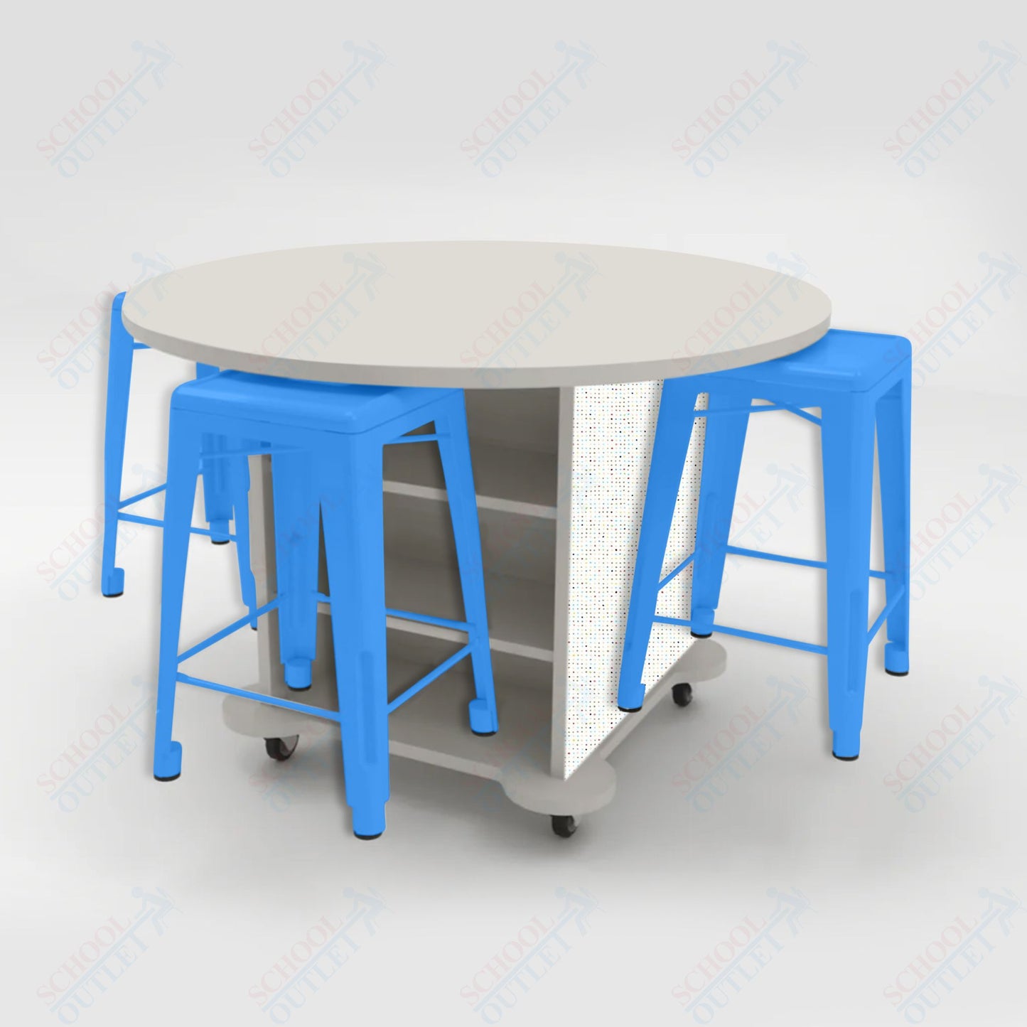 CEF Creation Cube Double-Sided Storage Table - 34"H, High-Pressure Laminate Base and Round Top - 4 Metal Stools Included