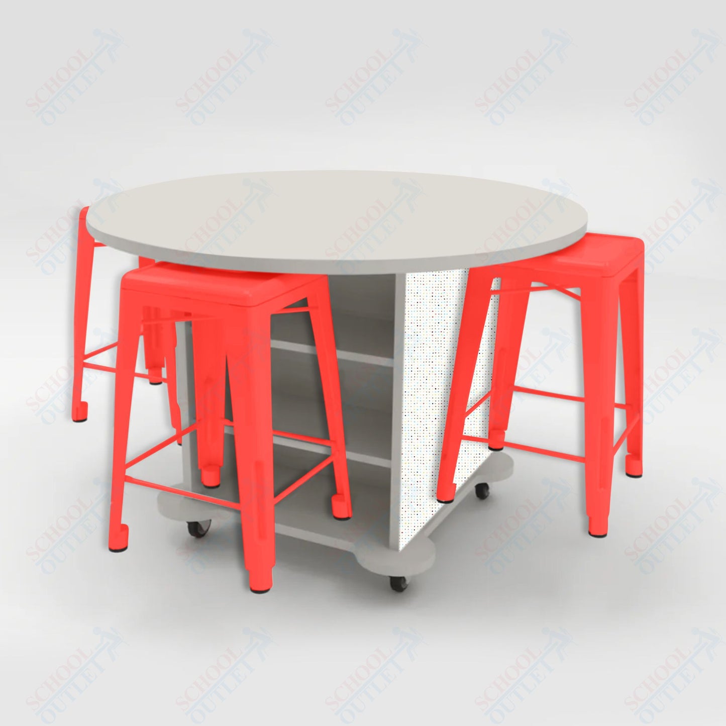 CEF Creation Cube Double-Sided Storage Table - 34"H, High-Pressure Laminate Base and Round Top - 4 Metal Stools Included