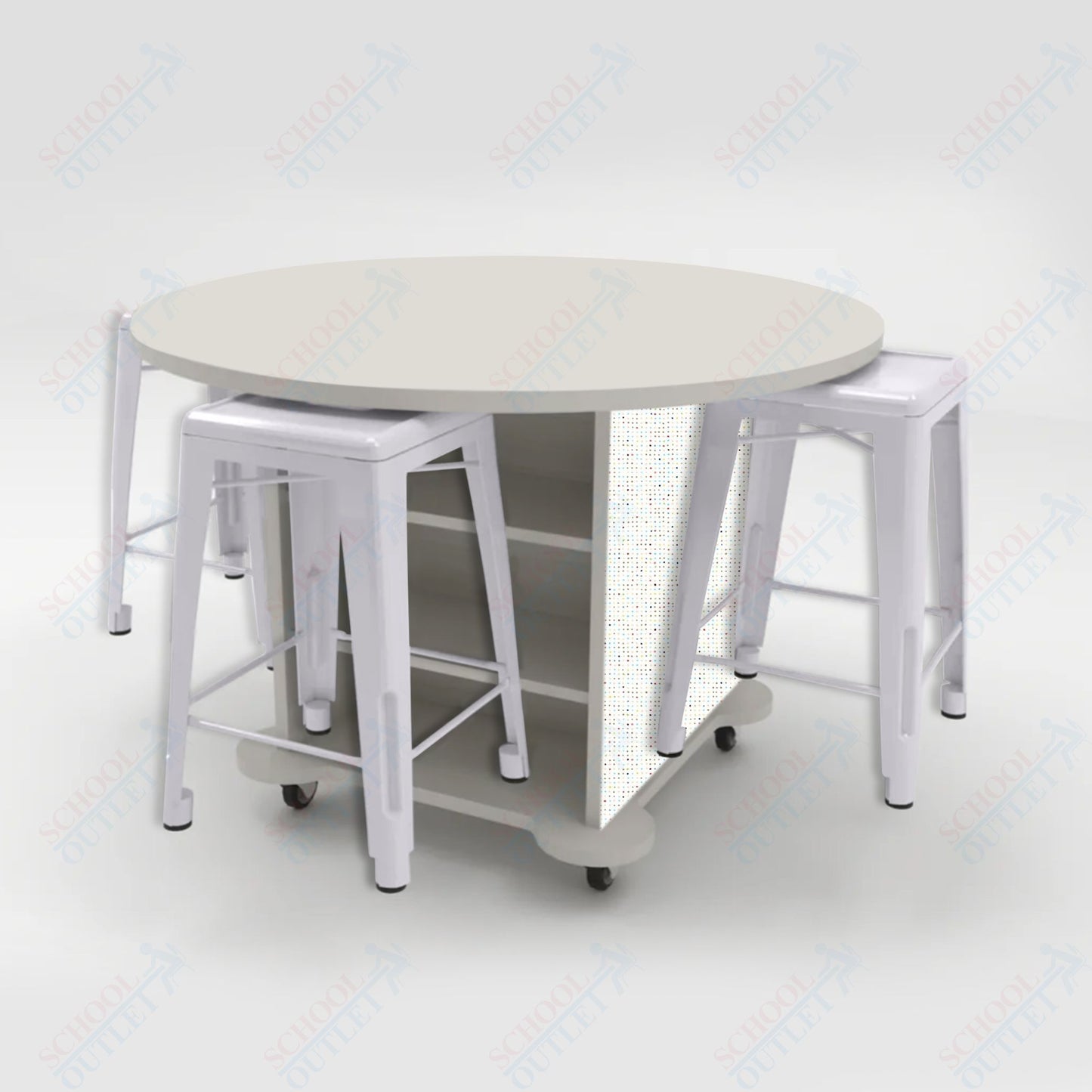 CEF Creation Cube Double-Sided Storage Table - 34"H, High-Pressure Laminate Base and Round Top - 4 Metal Stools Included