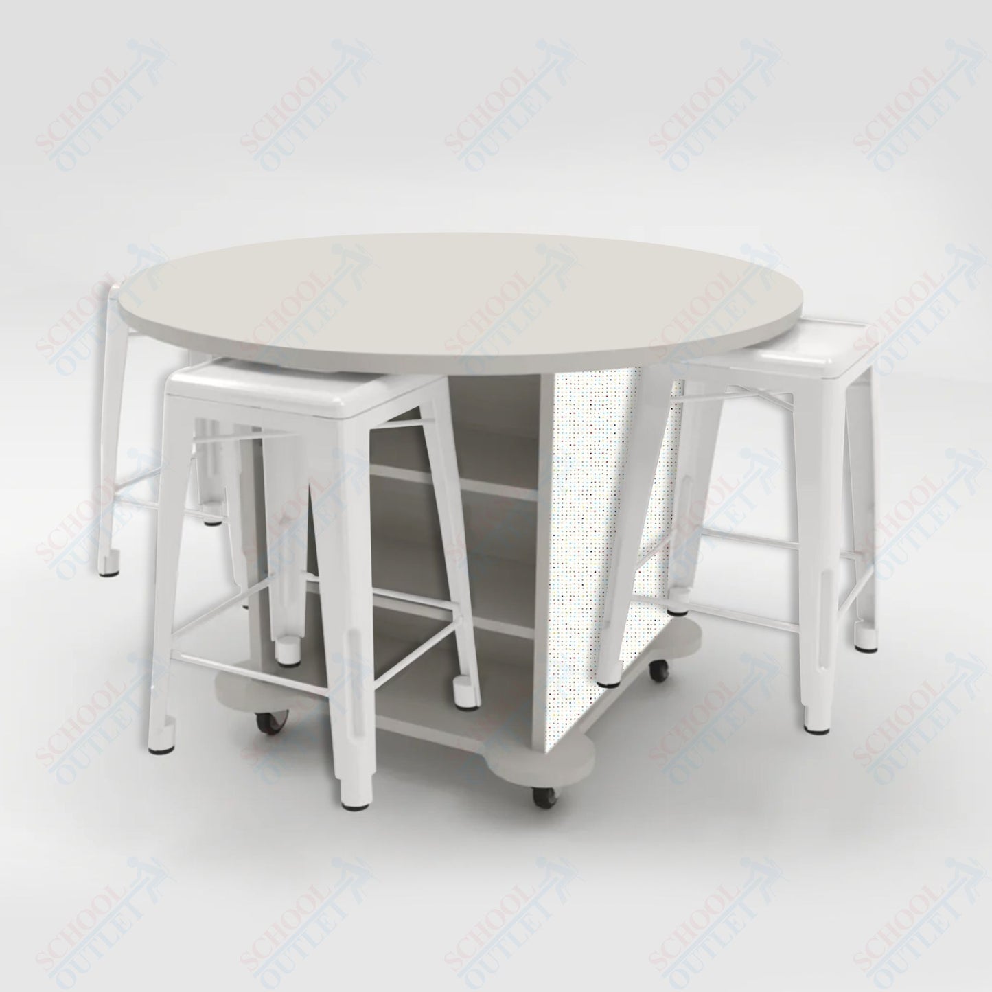 CEF Creation Cube Double-Sided Storage Table - 34"H, High-Pressure Laminate Base and Round Top - 4 Metal Stools Included