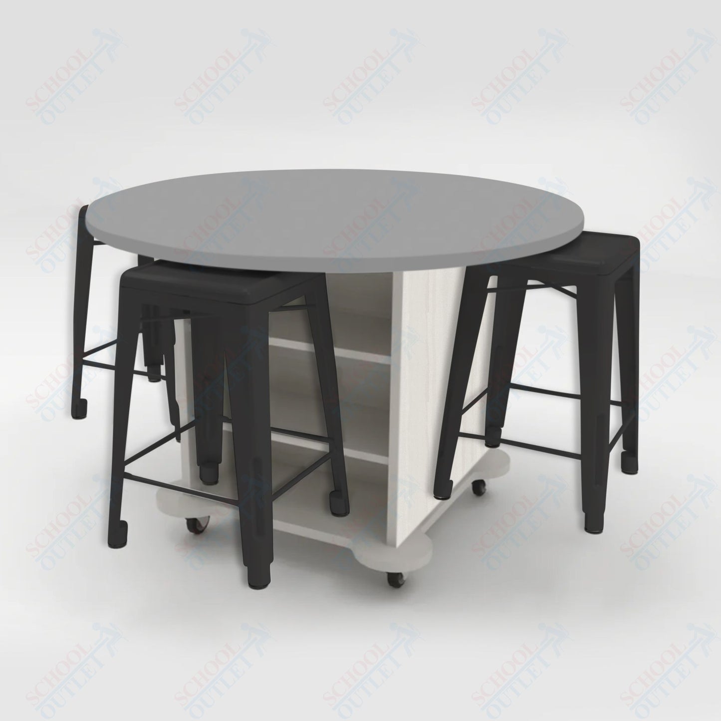CEF Creation Cube Double-Sided Storage Table - 34"H, High-Pressure Laminate Base and Round Top - 4 Metal Stools Included
