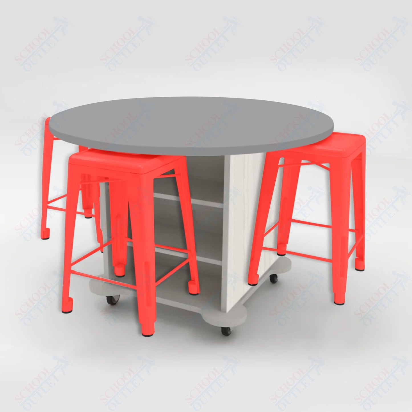 CEF Creation Cube Double-Sided Storage Table - 34"H, High-Pressure Laminate Base and Round Top - 4 Metal Stools Included
