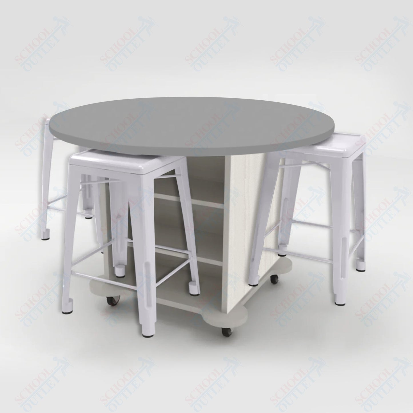 CEF Creation Cube Double-Sided Storage Table - 34"H, High-Pressure Laminate Base and Round Top - 4 Metal Stools Included