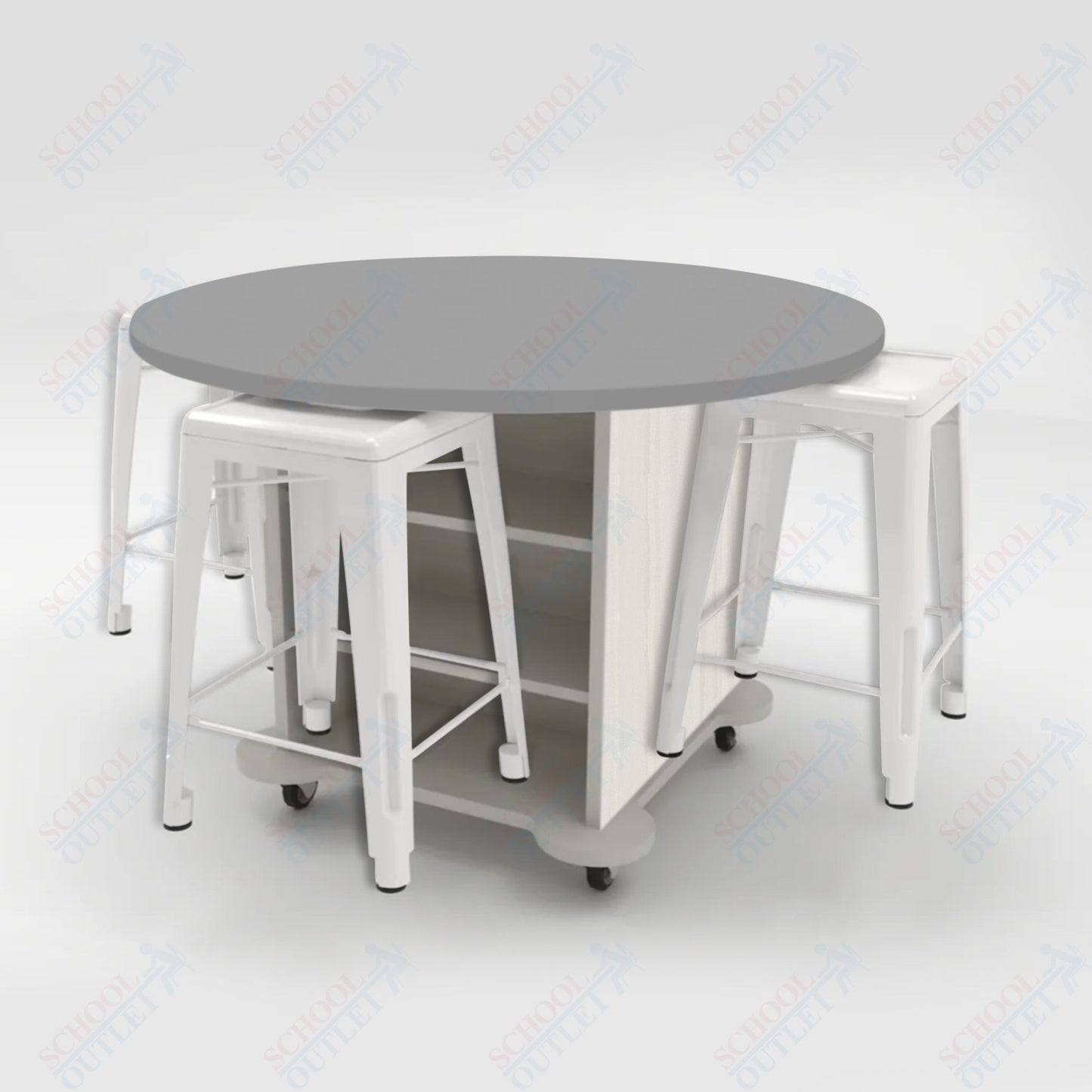 CEF Creation Cube Double-Sided Storage Table - 34"H, High-Pressure Laminate Base and Round Top - 4 Metal Stools Included