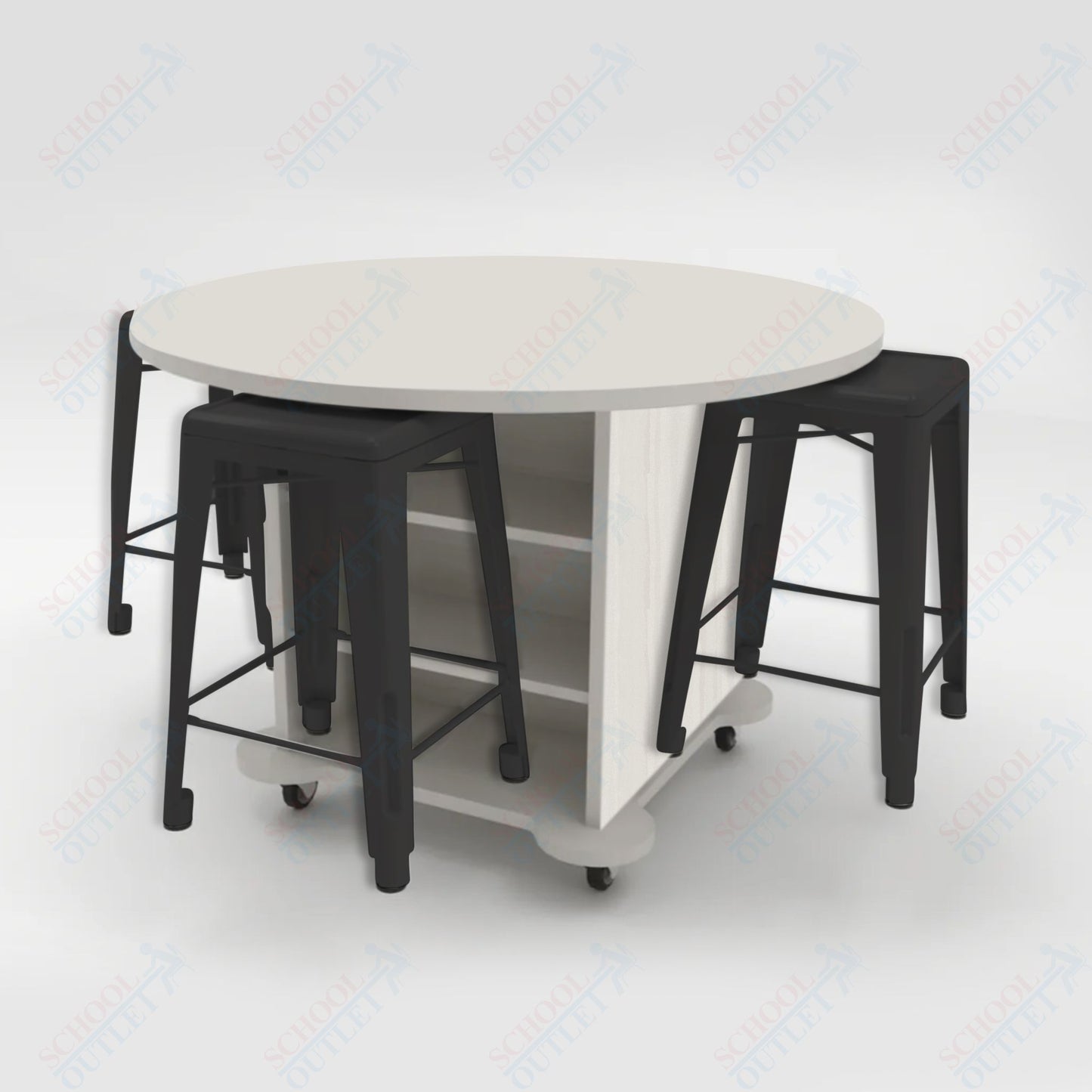 CEF Creation Cube Double-Sided Storage Table - 34"H, High-Pressure Laminate Base and Round Top - 4 Metal Stools Included
