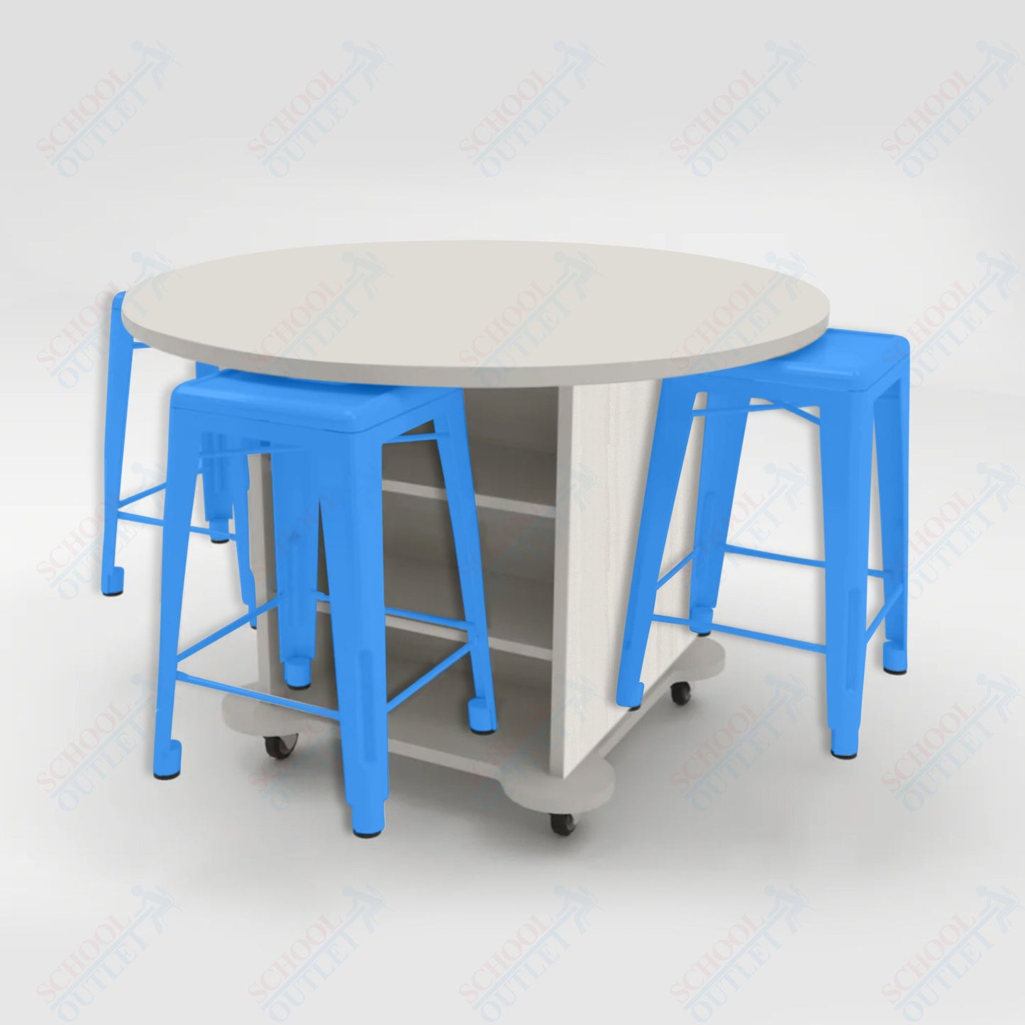 CEF Creation Cube Double-Sided Storage Table - 34"H, High-Pressure Laminate Base and Round Top - 4 Metal Stools Included